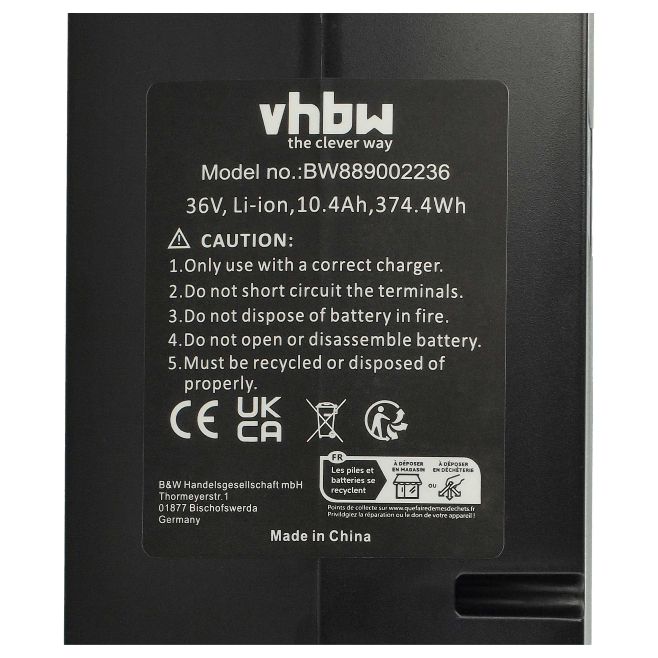 vhbw Akumulator kompatybilny z Bosch Classic Line 1 270 020 503, 1 270 020 505, 1 270 020 504 rower elektryczny (10,4 Ah, 36 V, litowo-jonowy) - czarny