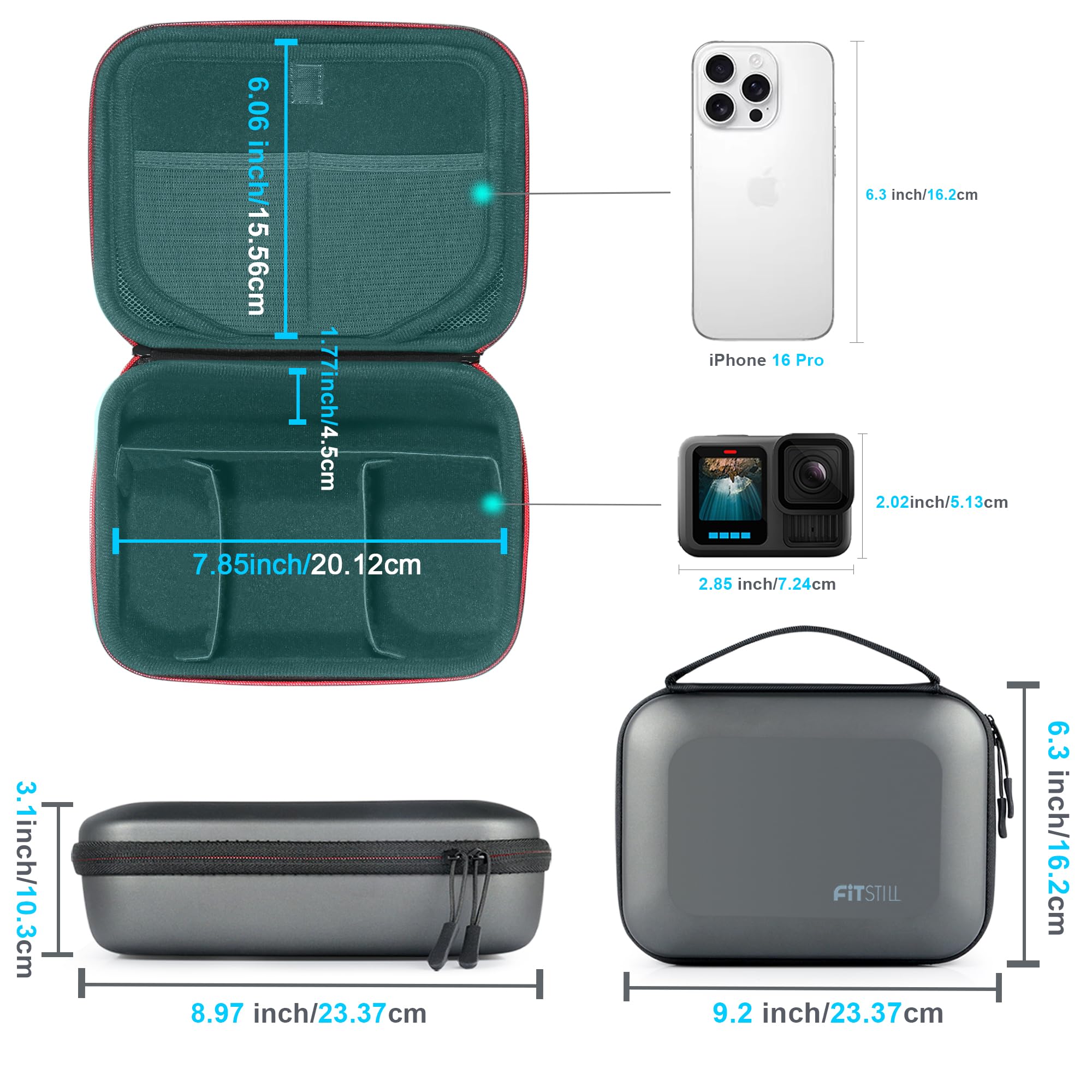FiTSTILL Étui de rangement rigide pour Go Pro Hero 12/11/10/9/8/7/Insta 360 et autres caméras d'action, kit d'accessoires, Noir