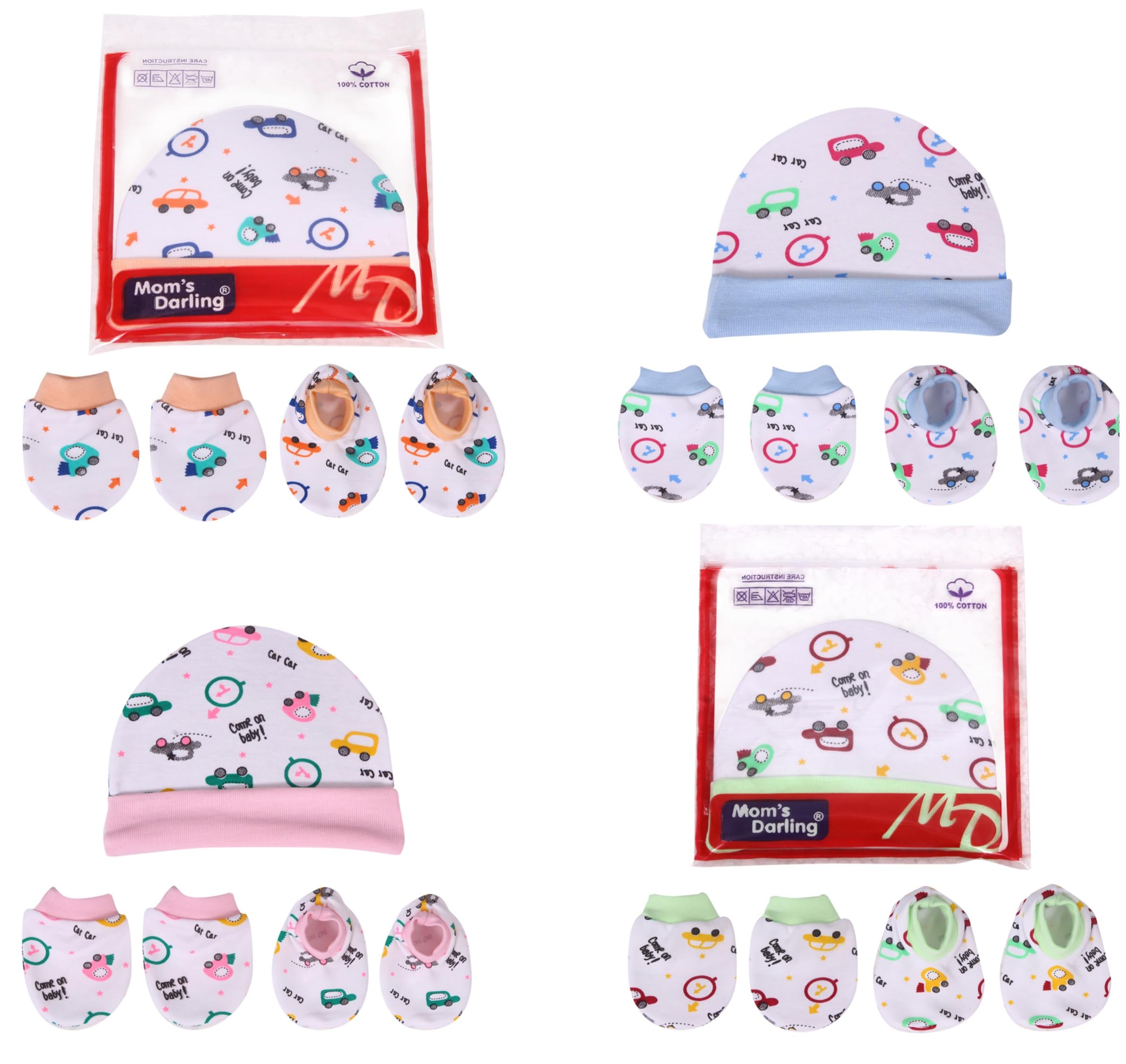 Mom's Darling, Pack of 4 Pairs, Cap Mittens and Booties Set for New Born Baby 0-6 Months | Baby Gloves and Socks Set | | Multicolor