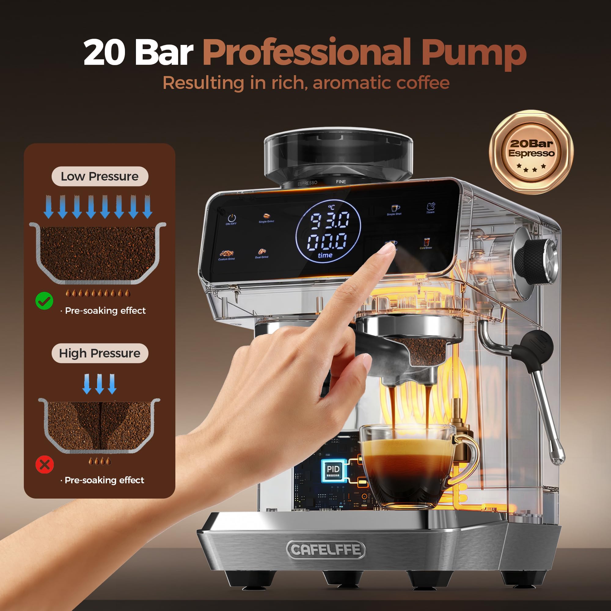 CAFELFFE Máquina de café espresso profesional MK-903 de 20 bares con molinillo incorporado, cafetera con modo caliente/frío y potente espumador de leche para latte/cappuccino, tanque de 1.8L y 1500W