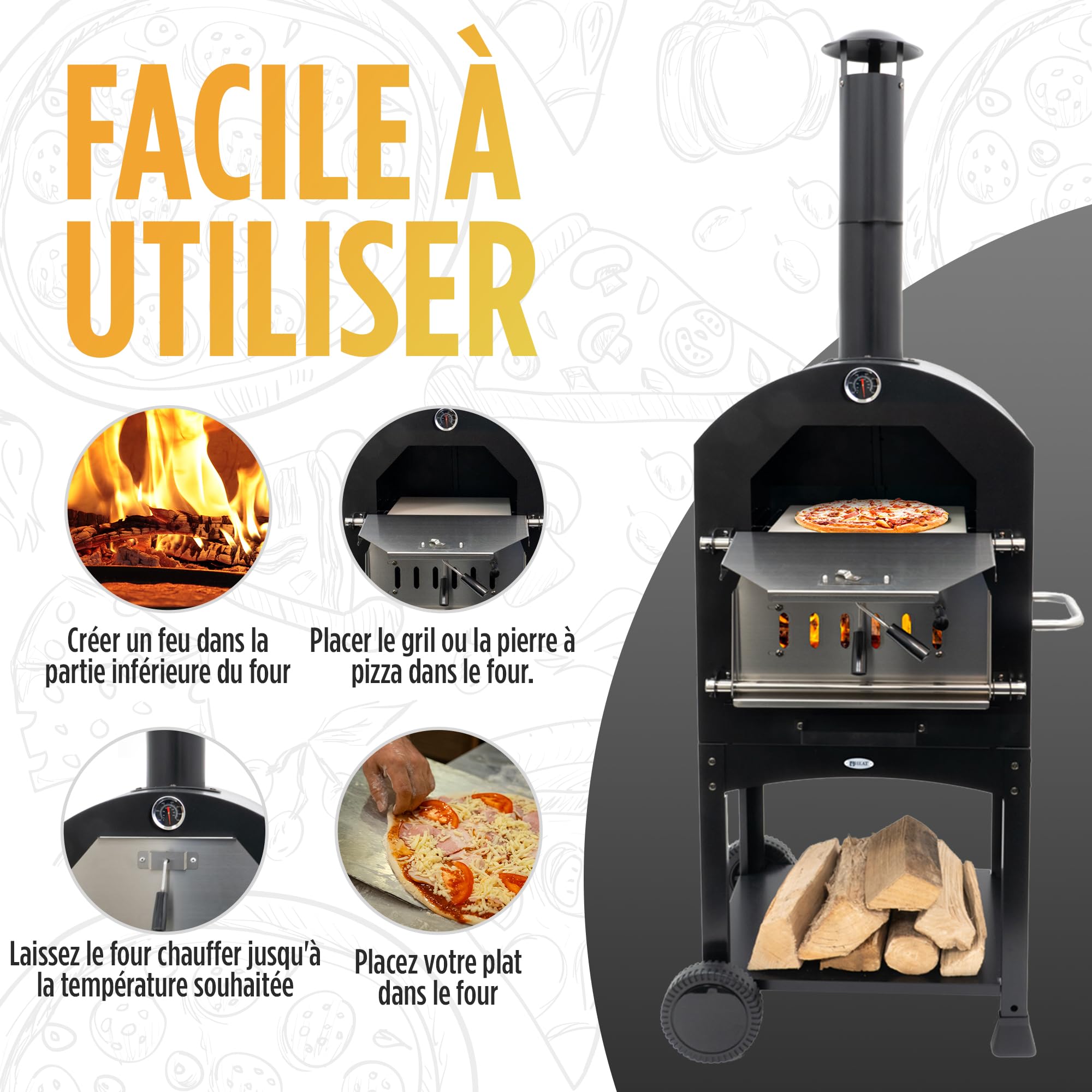 Four à Pizza HEAT Outdoor Living Ovnhus Noir Multifonctionnel Gril Barbecue Bois Charbon Briquettes Extérieur 50x36x160 cm