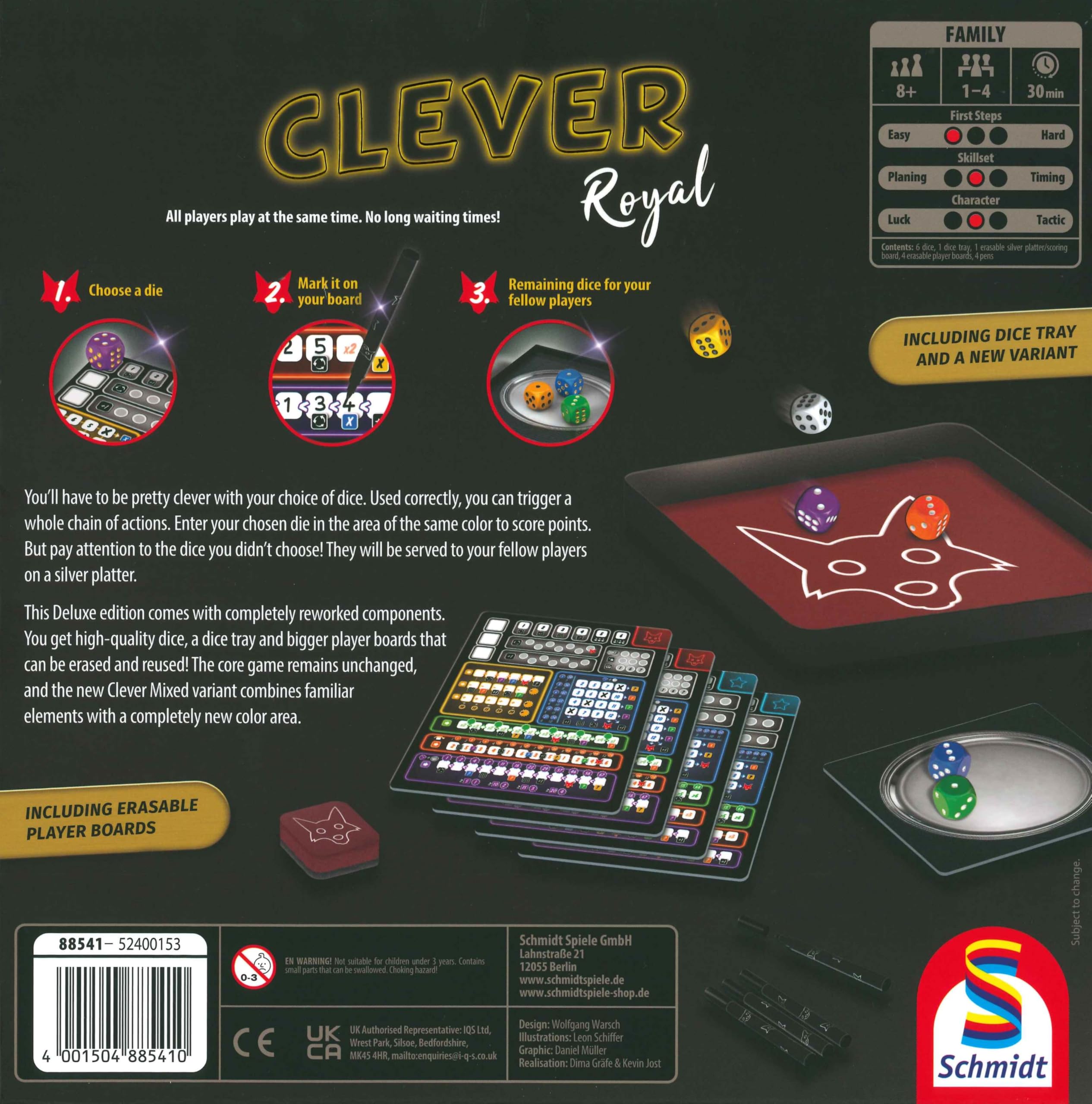 Schmidt Spiele - Clever! Royal Deluxe Edition - Roll- und Schreibspiel - Strategie, schnelles Spiel - Brettspiel - Englische Version - 88541
