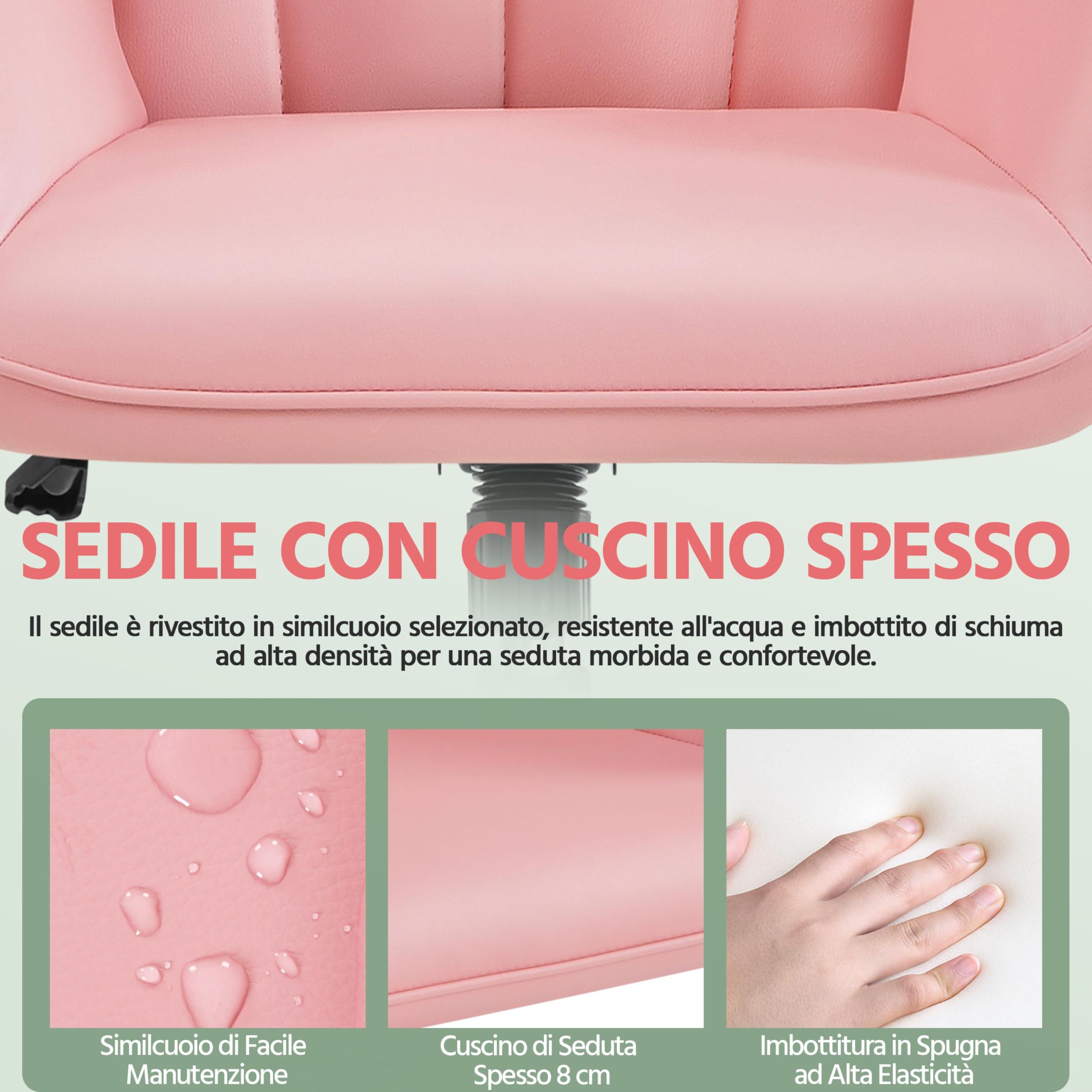 Yaheetech Sedia/Poltroncina da Ufficio Scrivania a Rotelle Girevole Imbottita in Similpelle Reclinabile Ergonomica Altezza Regolabile Rosa