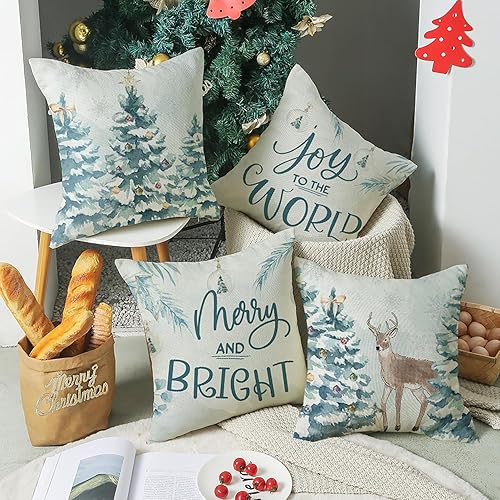 Miniatura 5 de Juego de 4 fundas de almohada de Navidad de 18 x 18 pulgadas, decoración de Navidad, árbol de Navidad, renos, fundas de cojín de casa de campo para