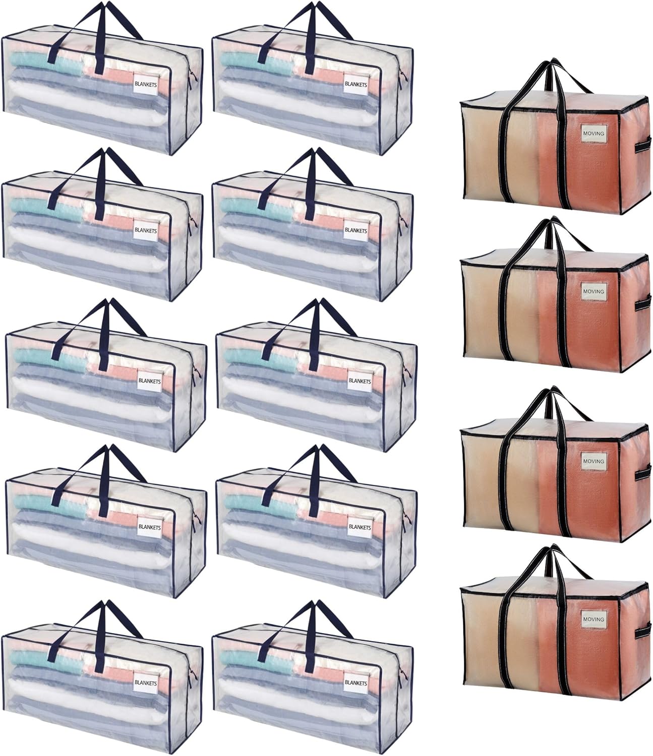 VENO 14 Pack Moving Bags (10 with Backpack Straps + 4 Clear Wide Open Storage Bags)