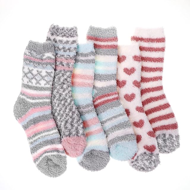 Fluffy Socks Womens 4-7, 6 Pairs Ladies Thermal Bed Cosy Socks for Women, Girls Warm Fuzzy Fleece Comfy Socks for Winter Christmas Home Sleeping