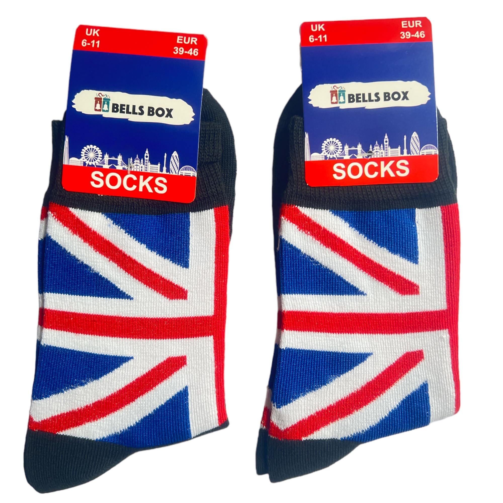 Bells Box 2 Pairs Mens Union Jack Sock Black Size 6-11(UK) British Flag London Socks