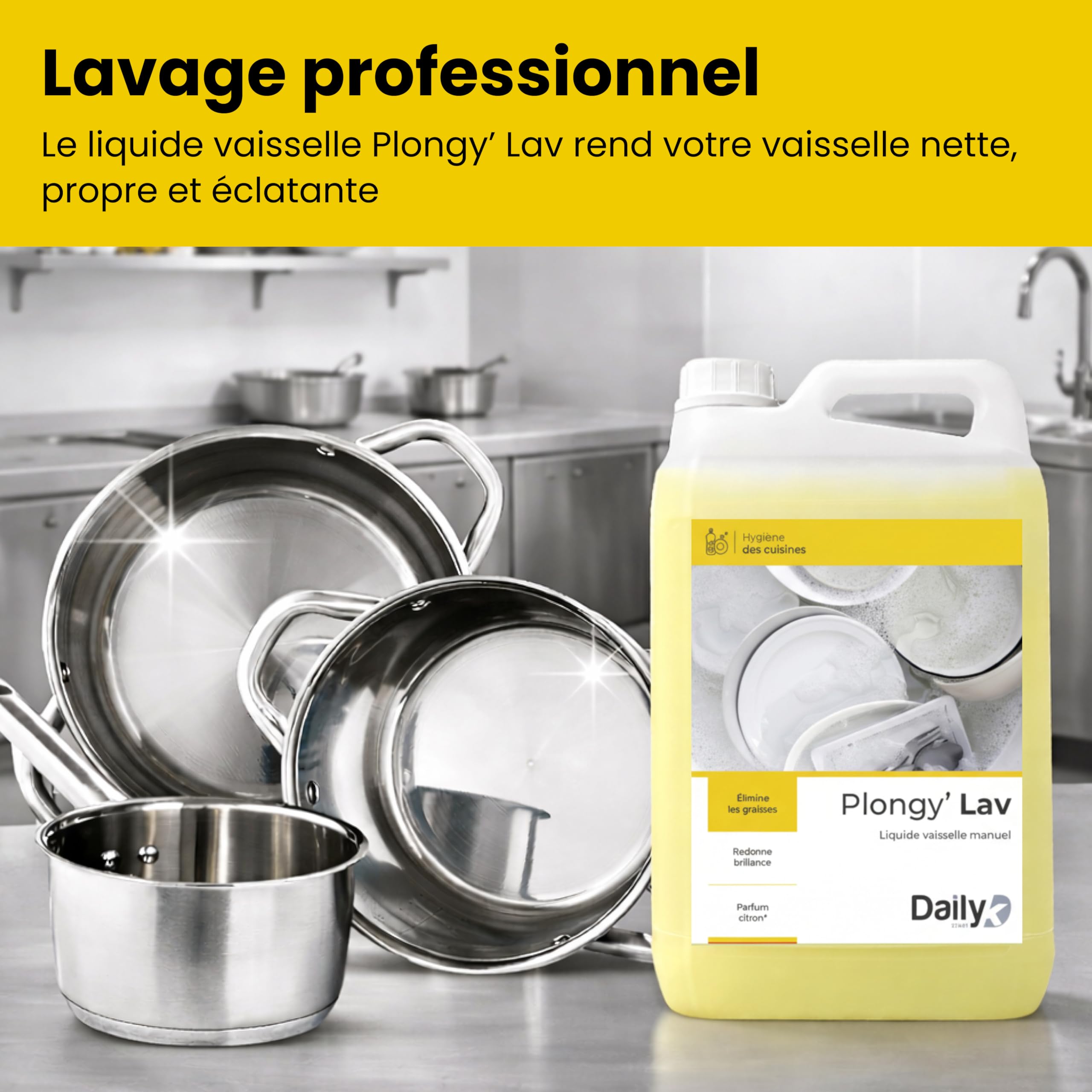 Liquide Vaisselle Manuel 5L - Produit Vaisselle Liquide PLONGY’LAV en Bidon - Produit Dégraissant Parfum Citron - Grand Format Économique pour Usage Intensif - Made in France