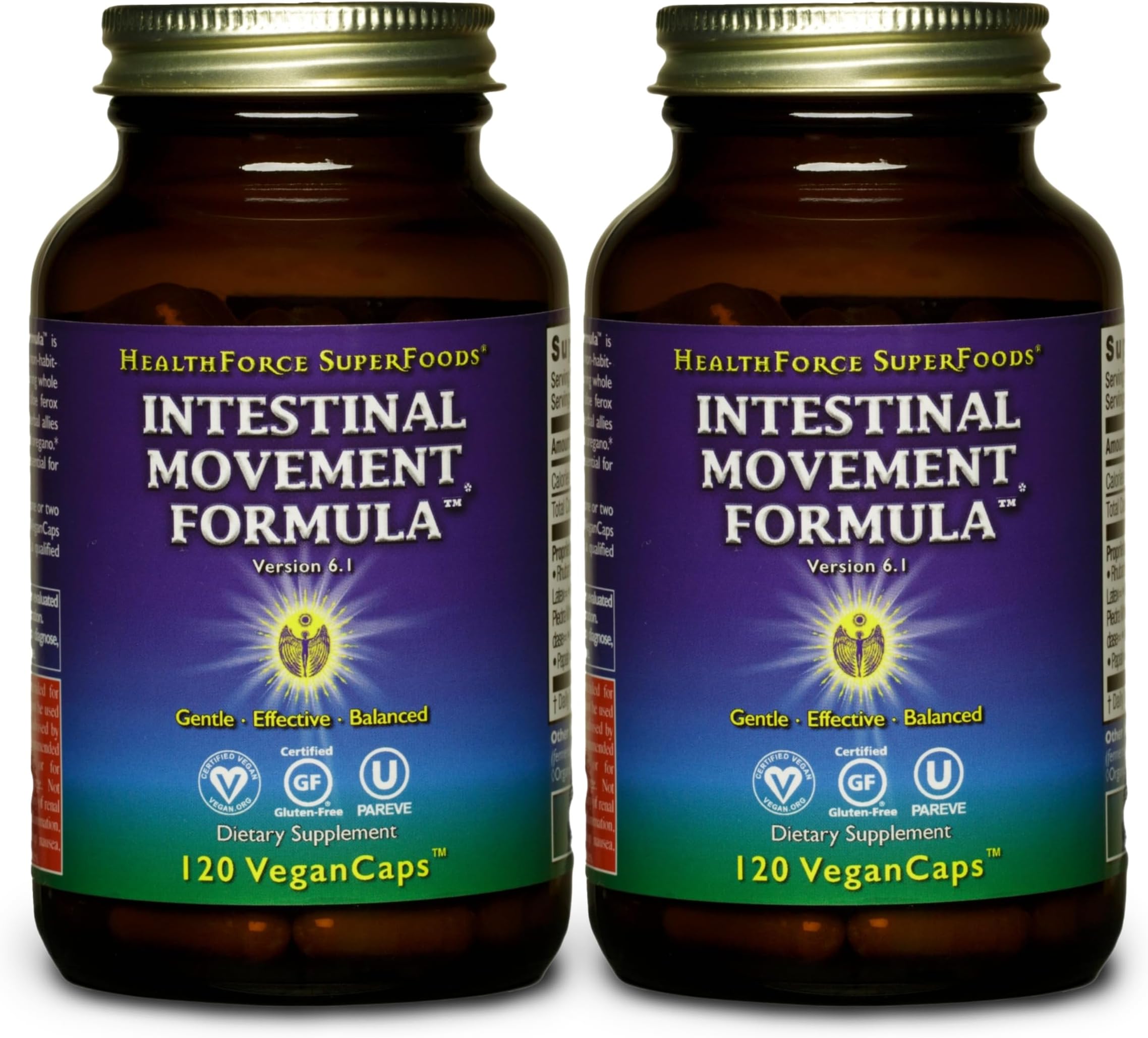 HEALTHFORCE SUPERFOODSIntestinal Movement Formula - Natural Laxative Supports Bowel Regularity - All-Natural Digestion Supplement to Support Constipation - Gluten-Free & Vegan - 120 Caps (Pack of 2)