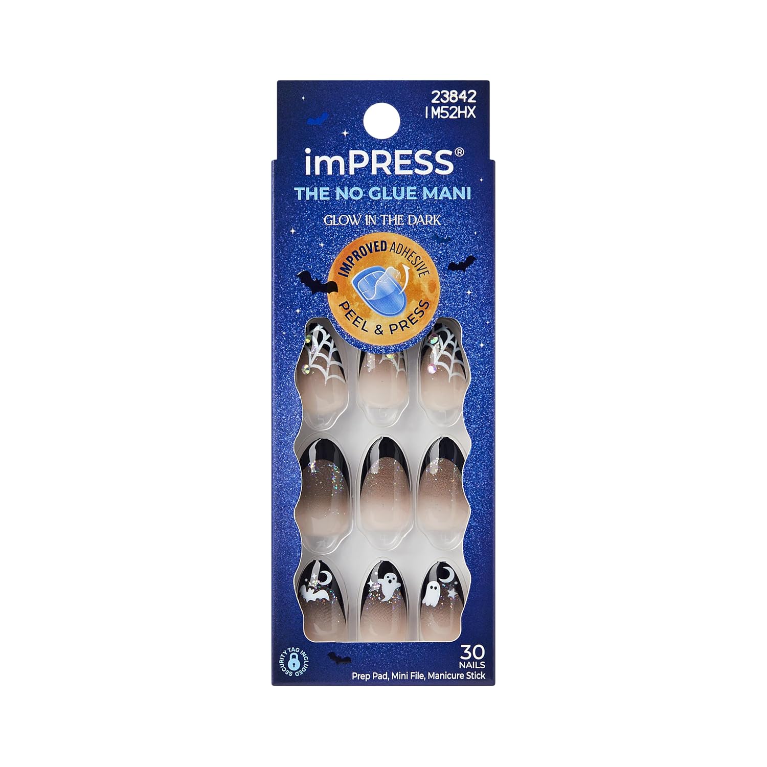 Kiss Impress No Glue Mani Press On Nails, Design, 'Boo Proof', Black, Medium Size, Almond Shape, Includes 30 Nails, Prep Pad, 1 Manicure Stick, 1 Mini File