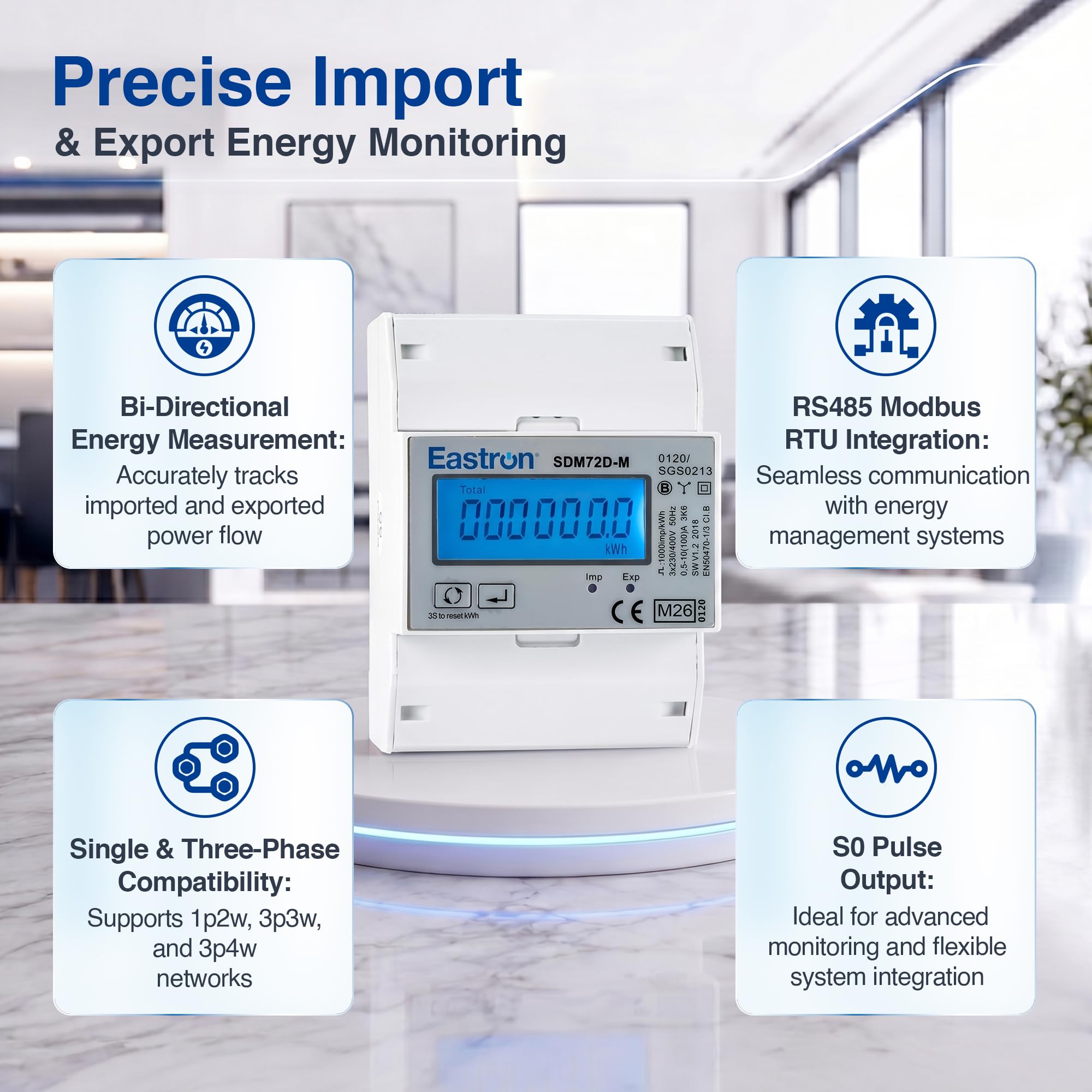 Eastron SDM72D-M V2 Medidor de energía eléctrica Modbus trifásico 100 Amp kWh Medidor de energía de riel DIN con pulso. Pantalla LCD retroiluminada digital. MID/Calibrado