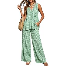 Hooever Women's Gingham 2 Piece Outfit Sleeveless V Neck Ruffle Top Stitching Detail & Wide Leg Pants Summer Vacation Set