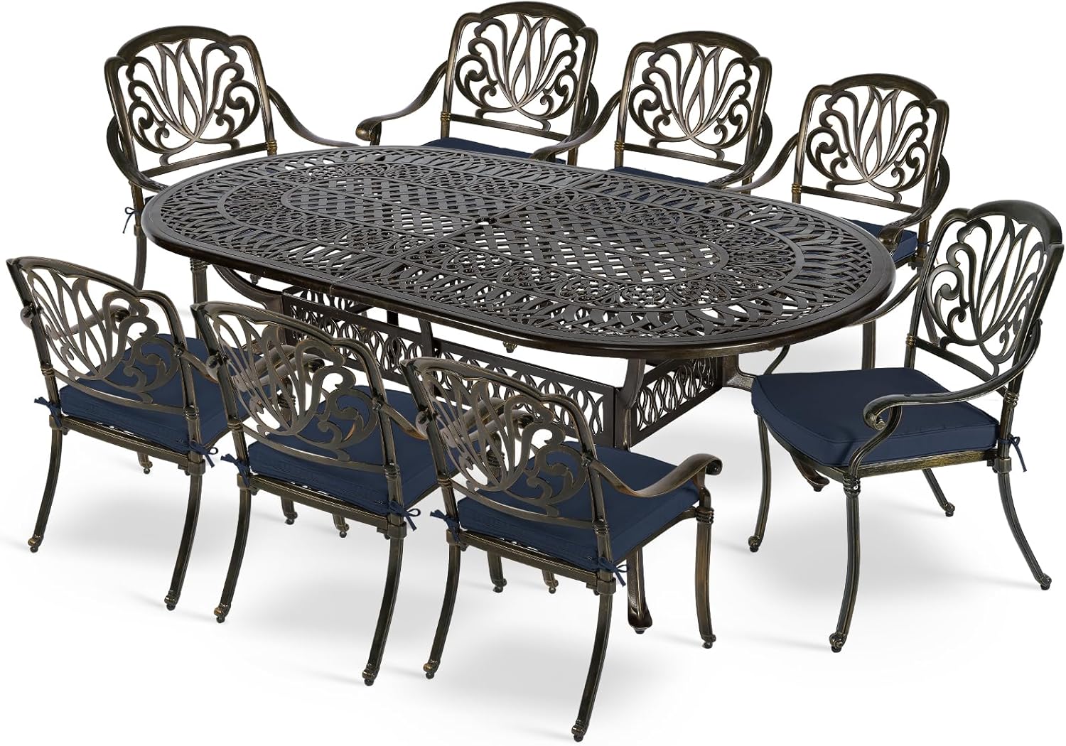 MEETWARM 9-Piece Outdoor Patio Dining Set, 8 Outdoor Dining Cushioned Chairs and 1 Oval Table with 2" Umbrella Hole, All Weather Cast Aluminum Patio Funiture Set for Backyard, Patio, Garden, Navy Blue