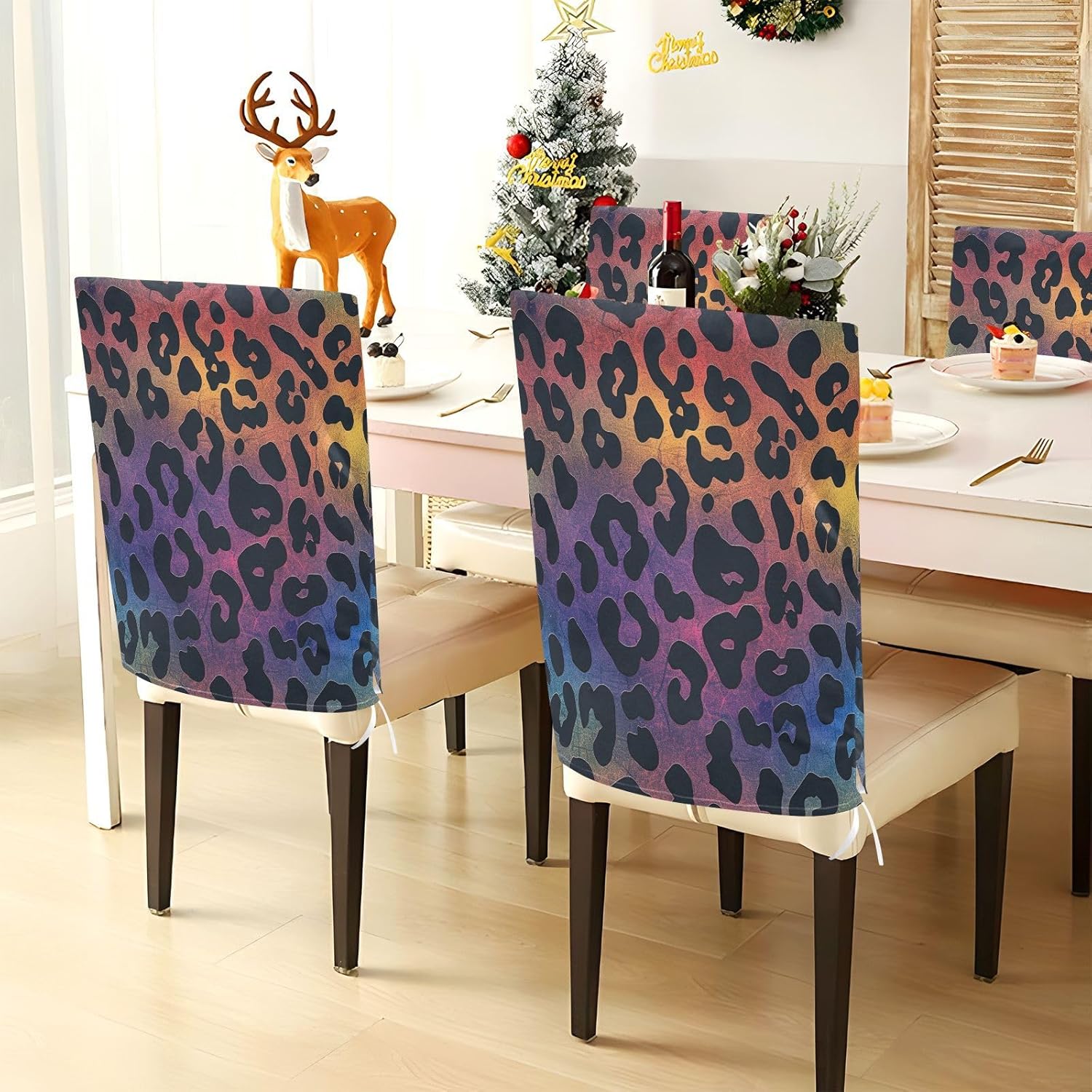 ALAZA Retro Leopard Spots Geometric Chair Back Cover Set of 6, Washable Reusable Removable Chair Slipcovers Decorative Chair Cover for Home Kitchen Wedding Party