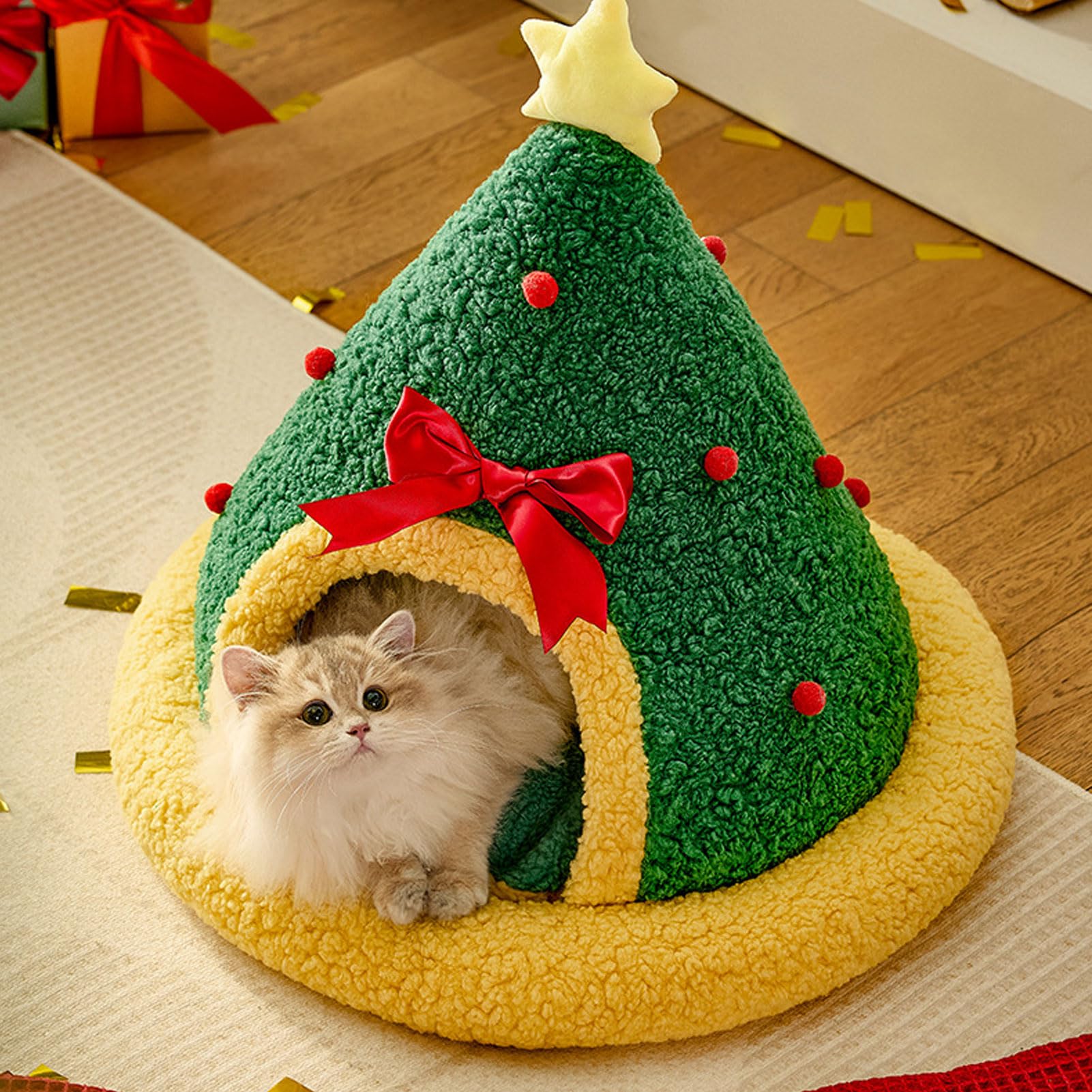 Yosoo Health Gear Cama Cueva para Gatos Sherpa Fleece Carpa para Mascotas Cama para Gatitos 48 X 47,5 Cm Escondite Triangular Semicerrado con Tapete para Gatos y Perros Pequeños Casa del árbol de