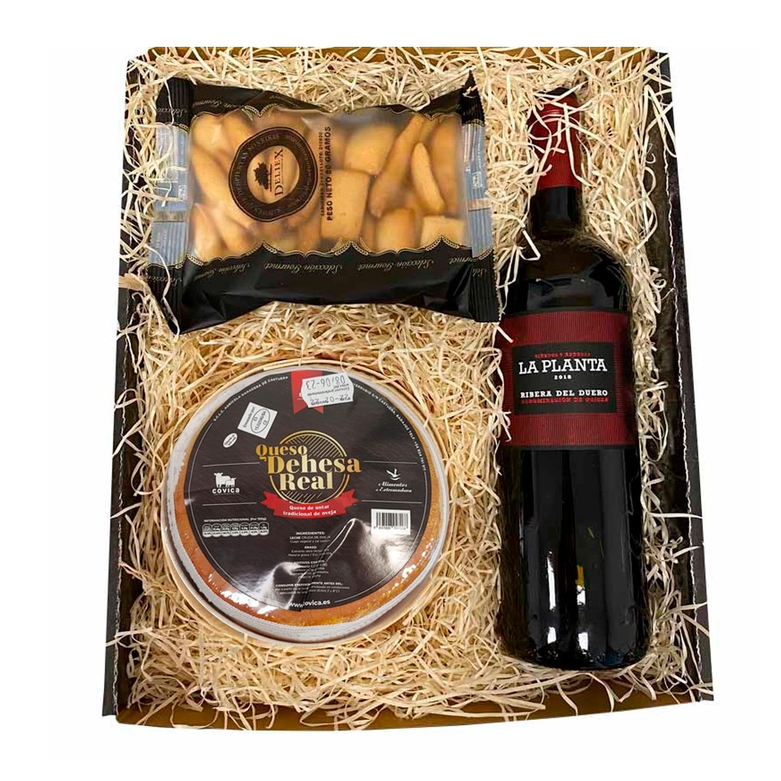 Lote para regalo con vino La Planta, queso de la serena Oro Noble para untar y picos en estuche de regalo