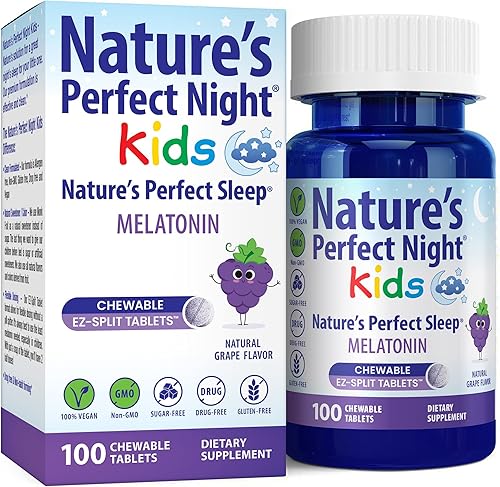 Nature's Perfect Night Niños Melatonina para niños 1 mg 100 tabletas masticables Sabor natural de uva Sin azúcar Vegano Sin gluten Sin drogas