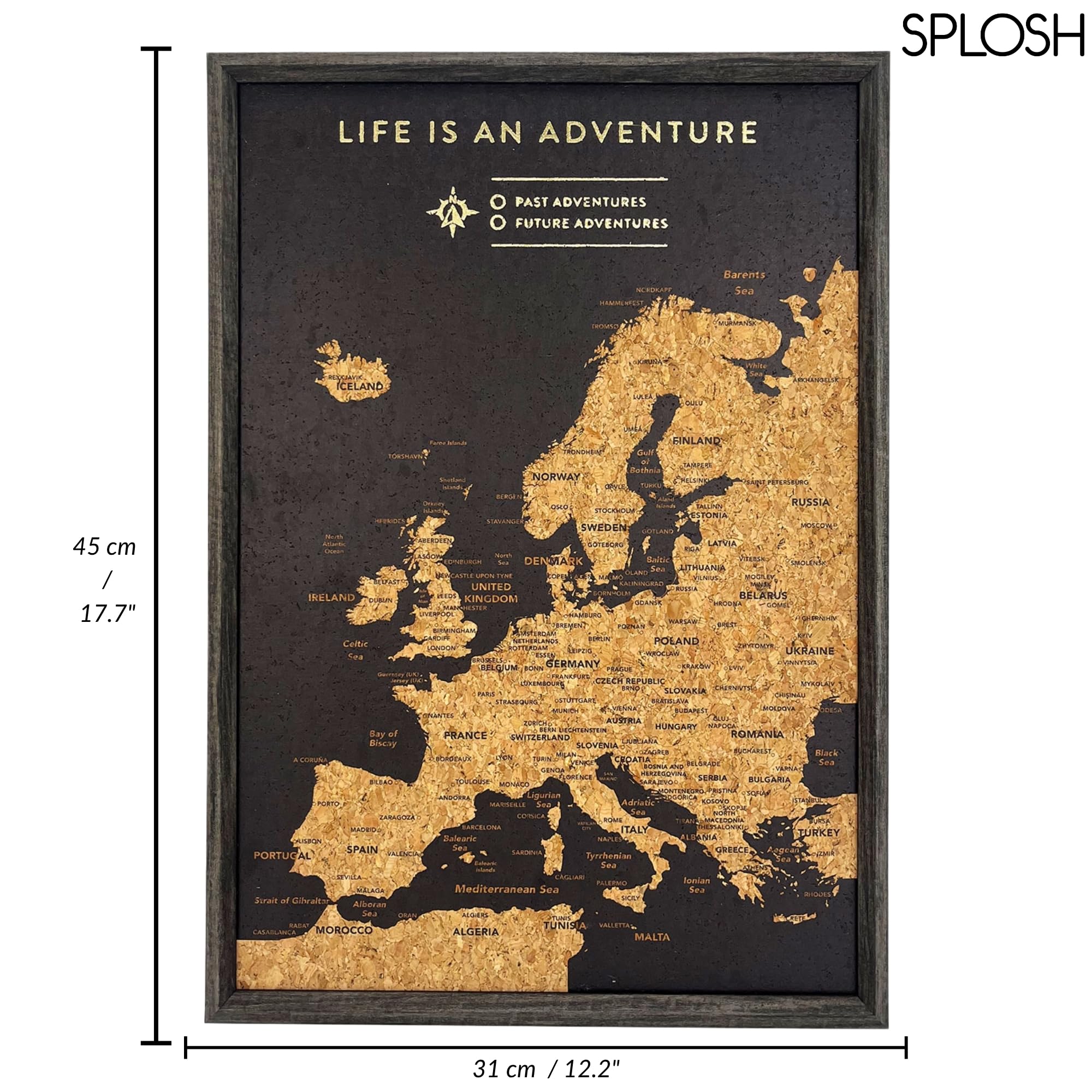 Splosh Carte de l'Europe de Voyage en Liège à Épingler - XL Noir | Carte de l'Europe XL en liège noir à épingler, cadre bois, 100 épingles 3 couleurs, tableau de bureau, 45x31 cm