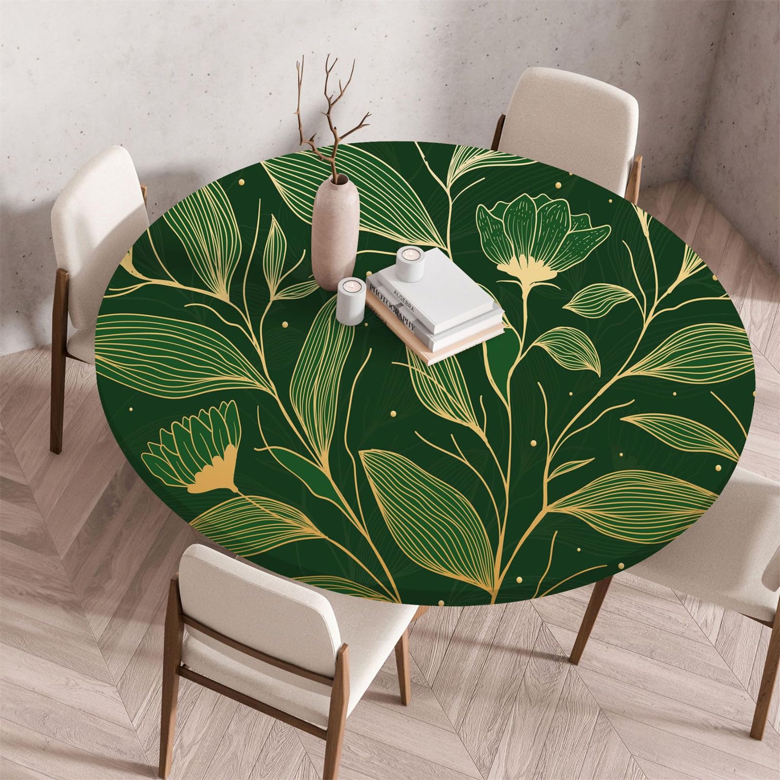 Morbuy Mantel Elastico Ajustable Redondo, Patrón Hojas de Plantas 3D Mantel Impermeable Antimanchas con Borde Elástico Manteles Mesa Redonda para Fiesta Cocina (Diámetro 80cm,Hojas Doradas)