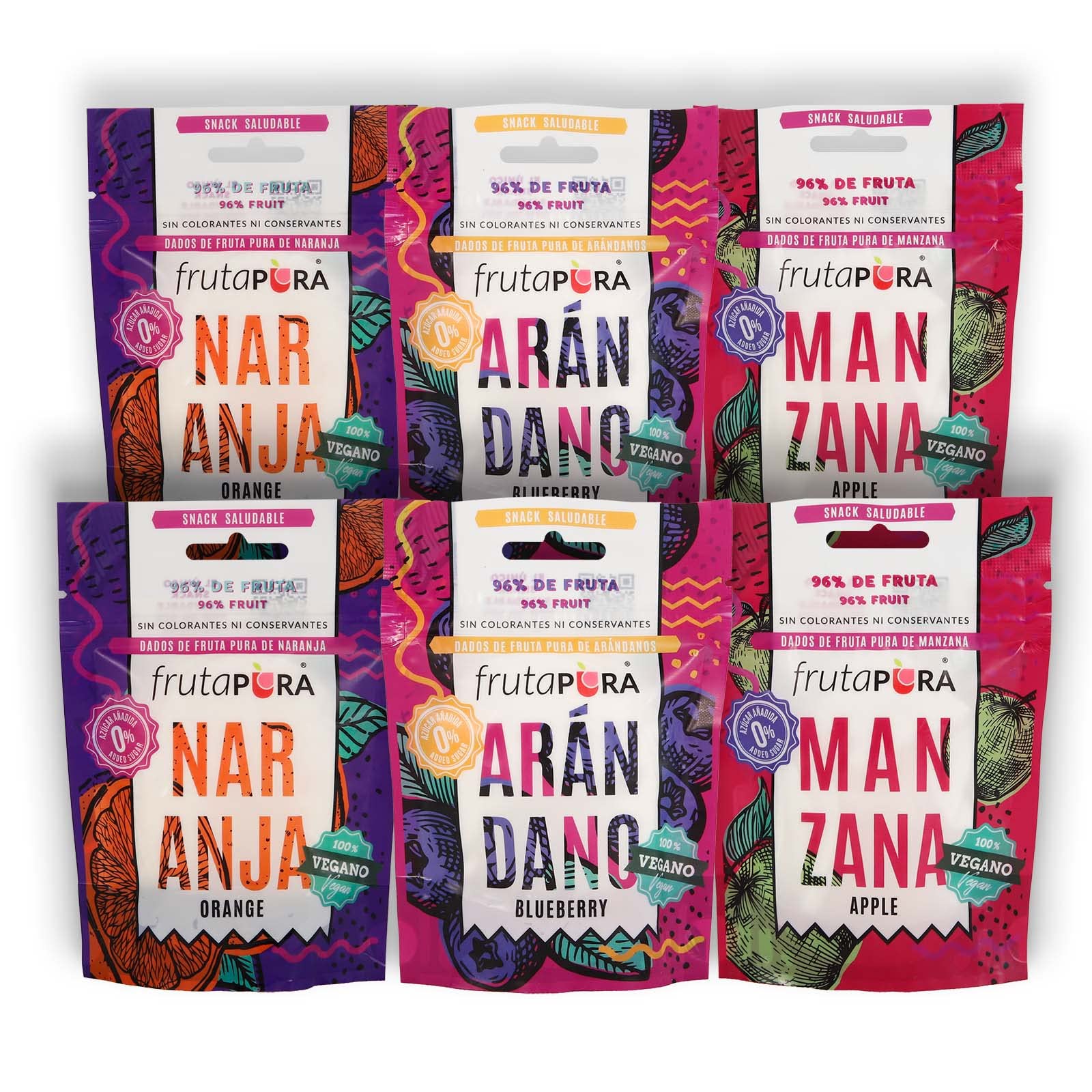 FRUTA PURA Pack Degustación 6x40g - Dados de fruta 96% real con textura tipo gominola - Sin azúcares añadidos - Vegano - Sin gluten - Incluye 2x Manzana, 2x Naranja, 2x Arándano - Snack saludable