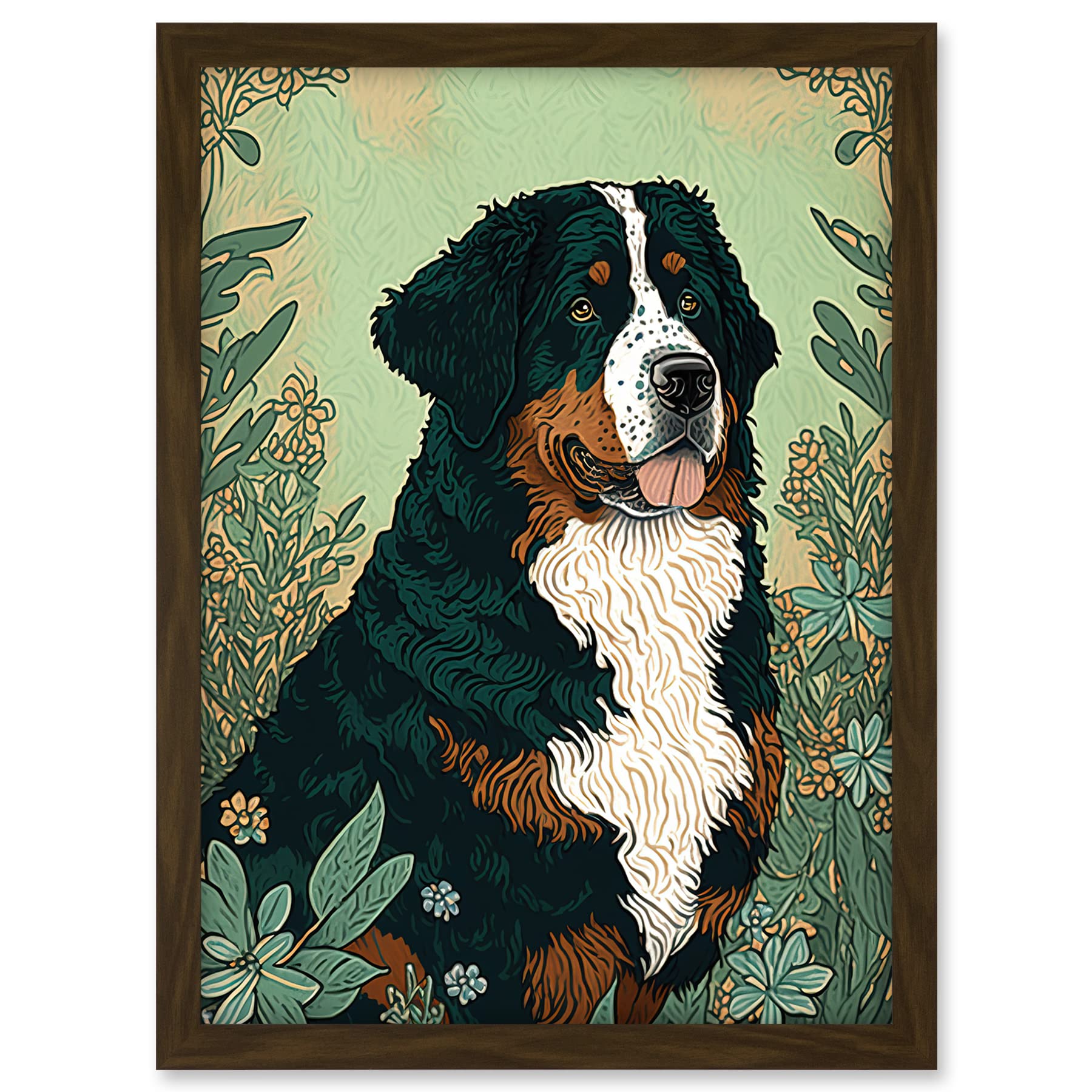 Artery8 Bernese Mountain Dog in Wildflower Field Modern Illustration Artwork Framed A3 Wall Art Print
