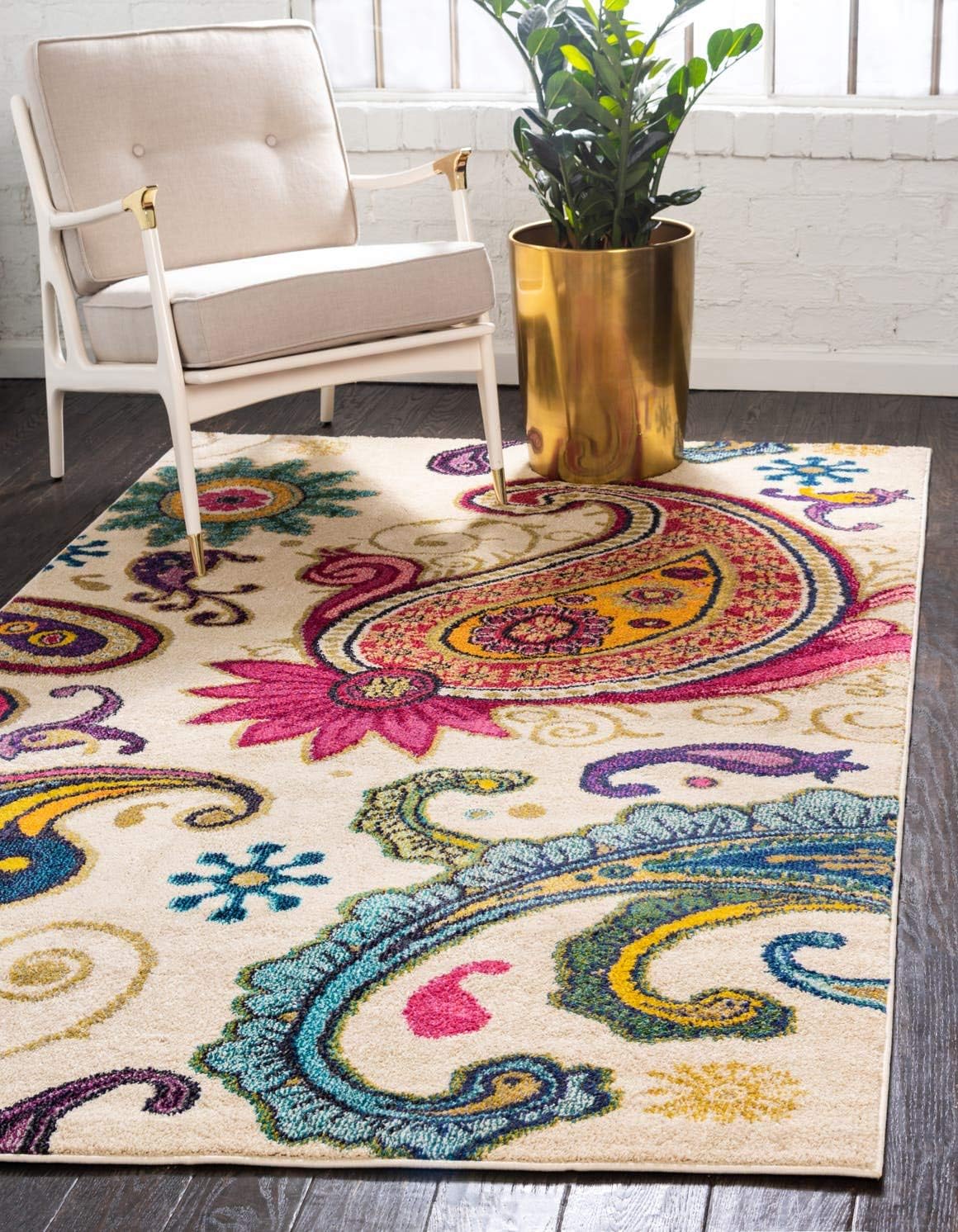 Ivory and Multicolor Synthetic Rectangular Area Rug, 5 x 8 ft