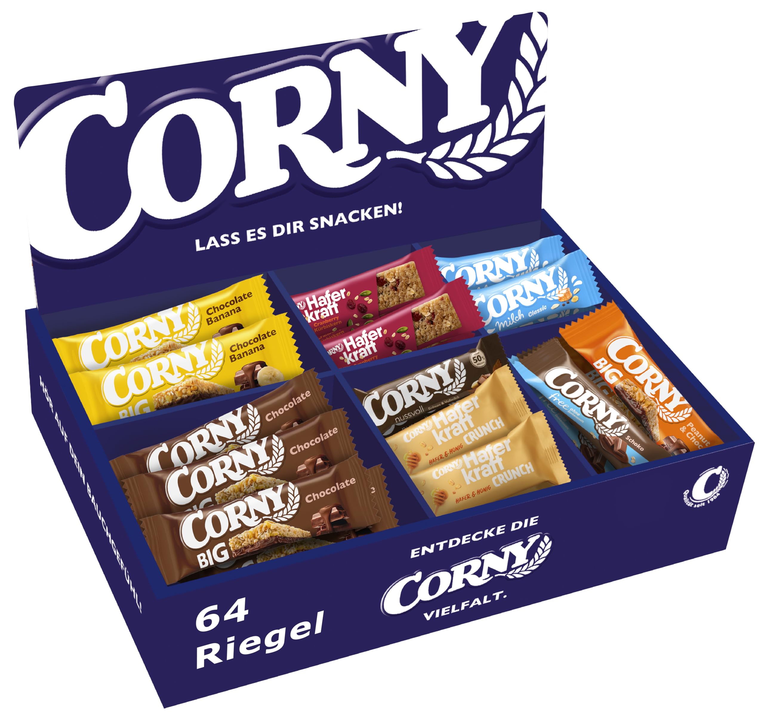 Corny Mix Box Müsliriegel Haferriegel Nussriegel Thekendisplay 64 Riegel 8 Sorten