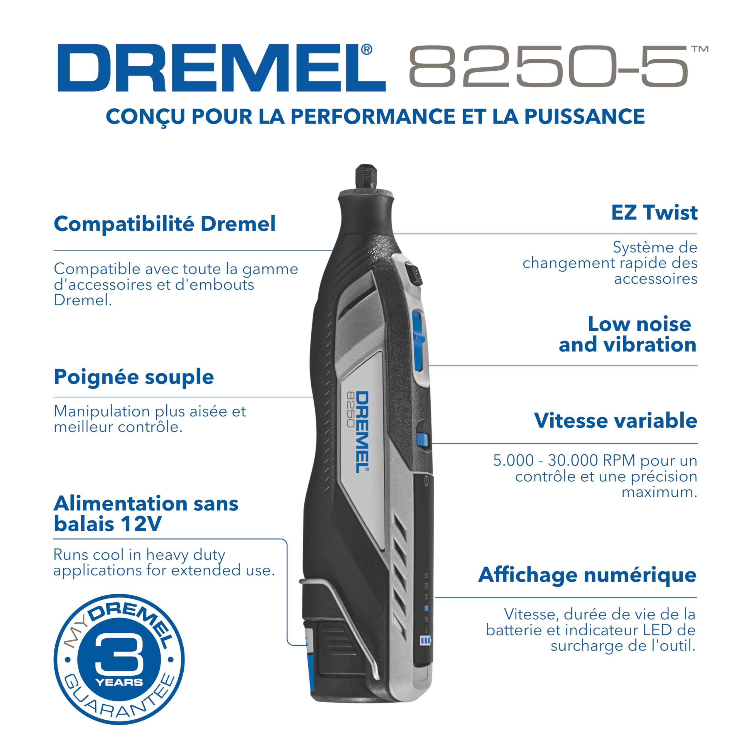 Dremel 8250 12V Outil rotatif sans fil 5 000-30 000 tr/min Outil multifonction sans balais avec étui souple, 5 accessoires, 1 batterie + chargeur pour poncer, fraiser, graver, couper
