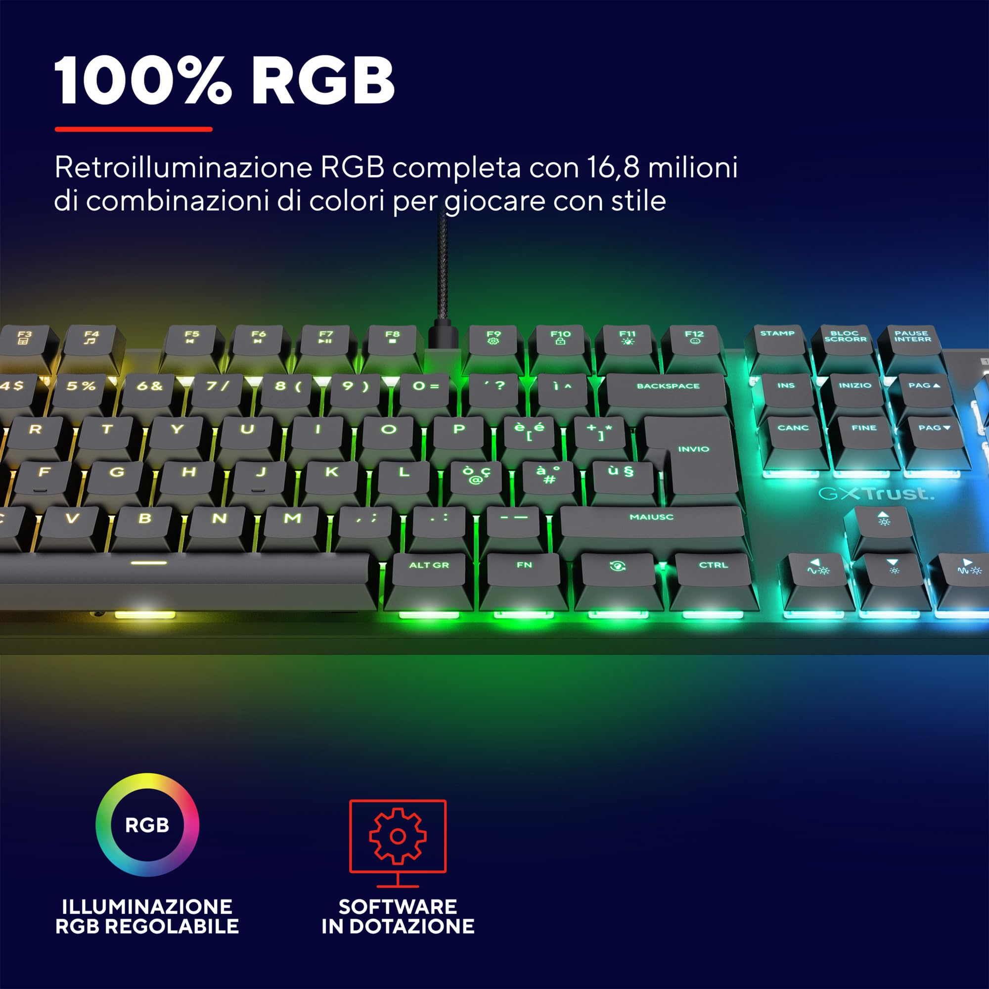 GXTrust 868 Torix Tastiera Meccanica Wireless Italiano QWERTY, Tastiera Gaming Ricaricabile RGB 2.4GHz, Batteria 100 Ore, Interruttori Huano Lineari, Tasti Programmabili, PC Laptop - Nero
