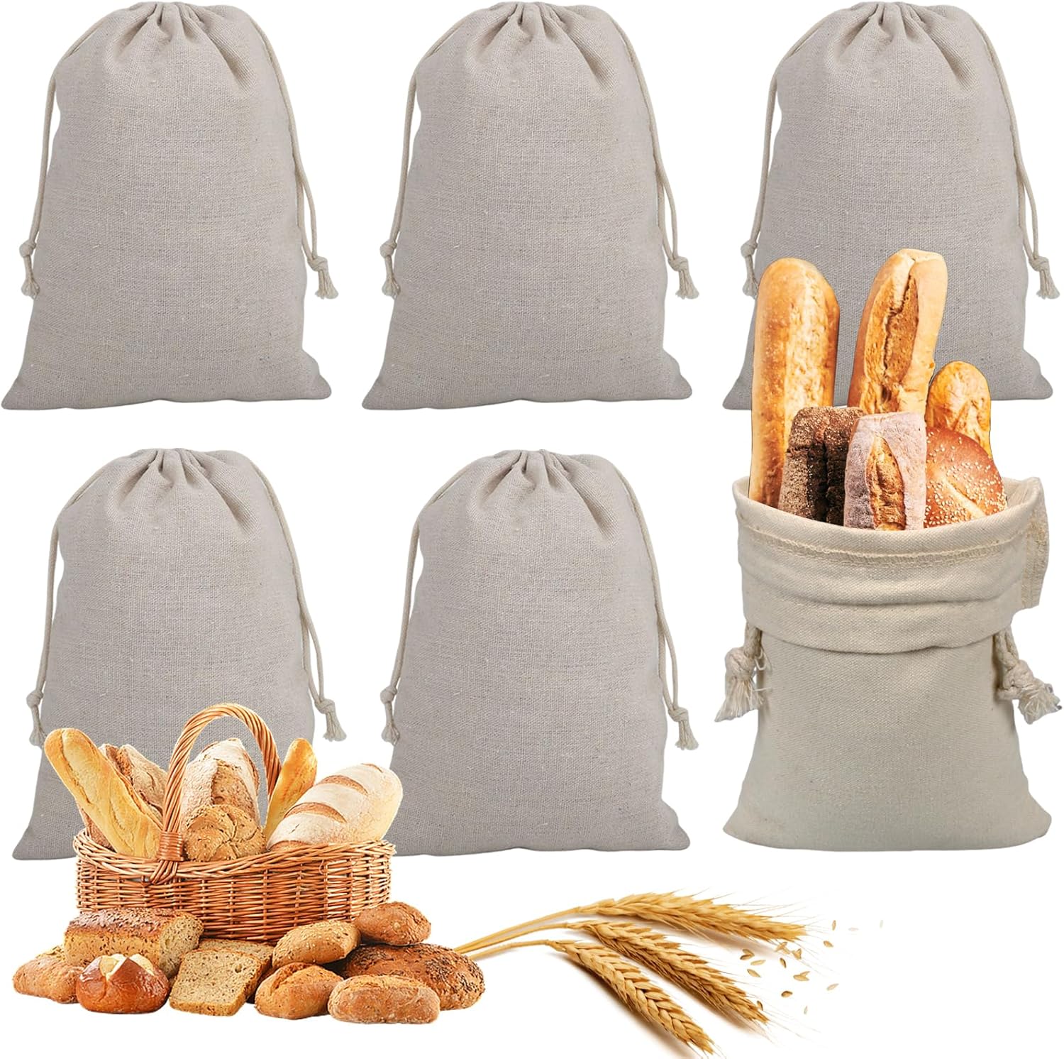Linen Bread Bags, 6 Pcs/12 Pcs 12"x16"Drawstring Bread Bags, Reusable
