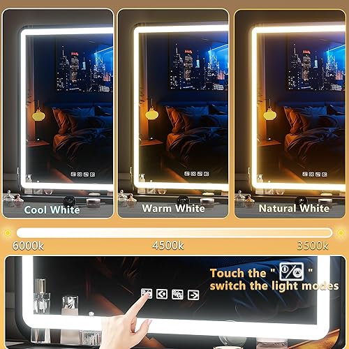 Miniatura 5 de Hasipu Espejo de tocador con luces y altavoz Bluetooth, espejo de maquillaje LED de 32 x 22 pulgadas, espejo de maquillaje iluminado con 3 modos
