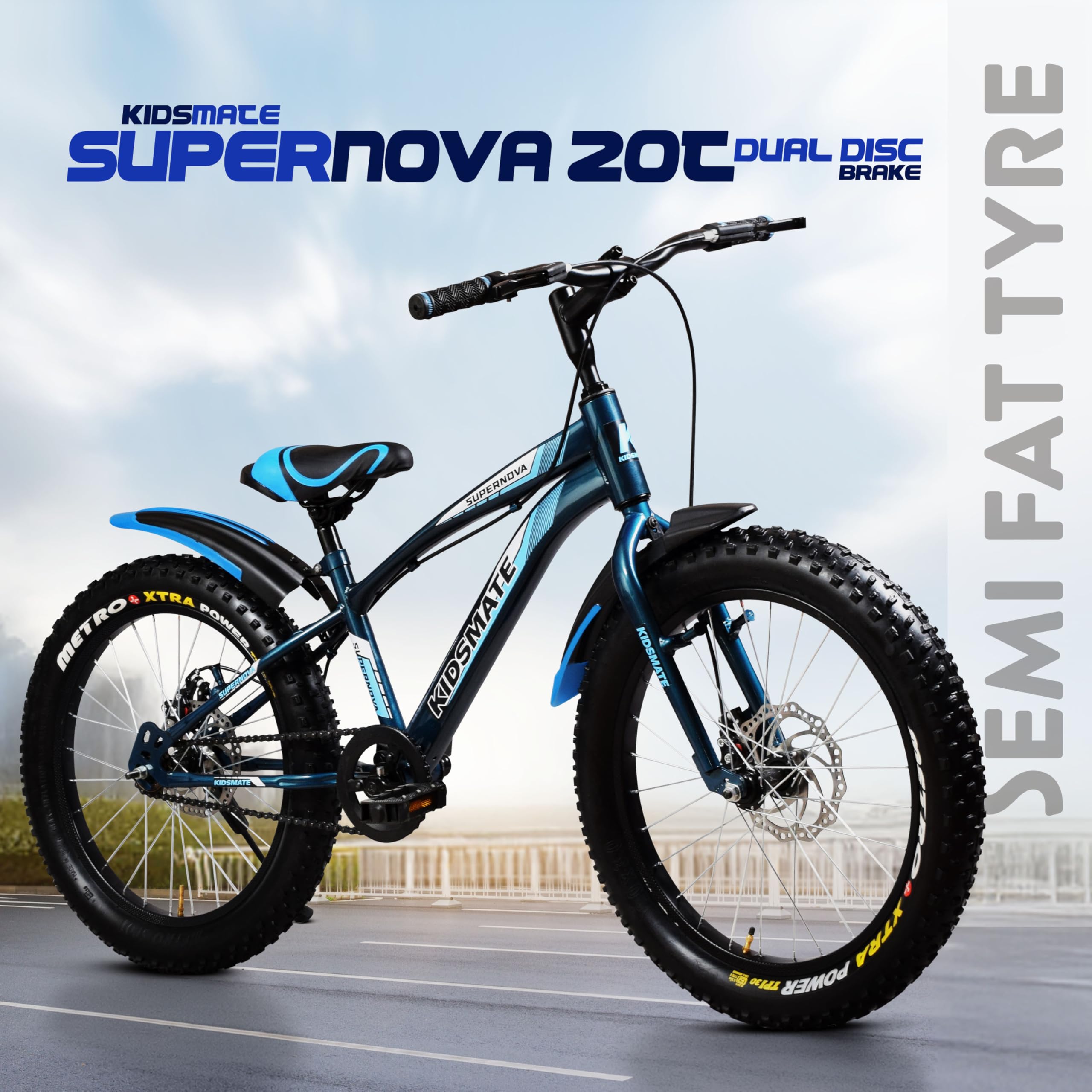 Kidsmate Supernova 20T Fat (20 x 3.0) Tire Cycle for Kids 7–10 Years | Dual Disc Brake Bicycle with Rigid Fork | Wide Tyres, Strong Steel Frame Bike for Kids - Stelios Blue — Amazon image 2