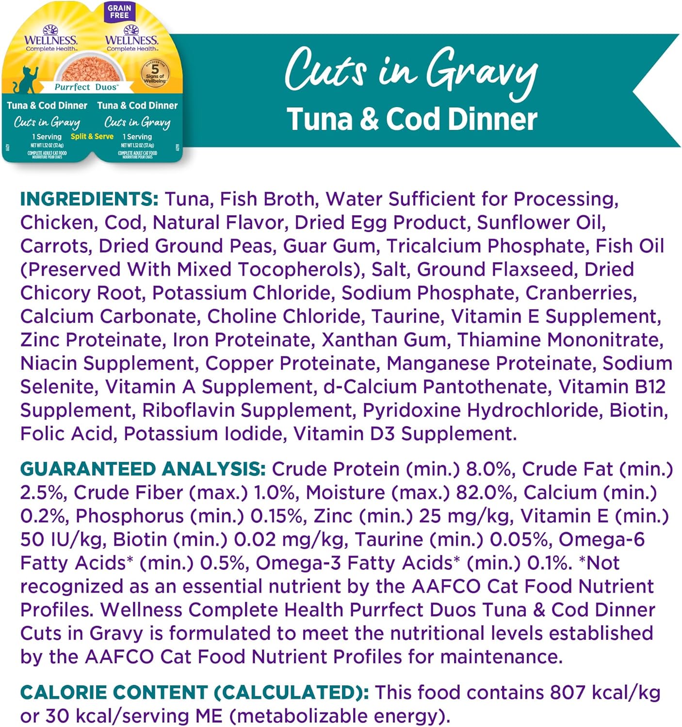 Wellness Complete Health Purrfect Duos Cuts in Gravy Adult Wet Cat Food, Natural, Protein Rich, Grain Free, Tuna and Cod Dinner Recipe, 2.64 oz, Pack of 12 Split Cups