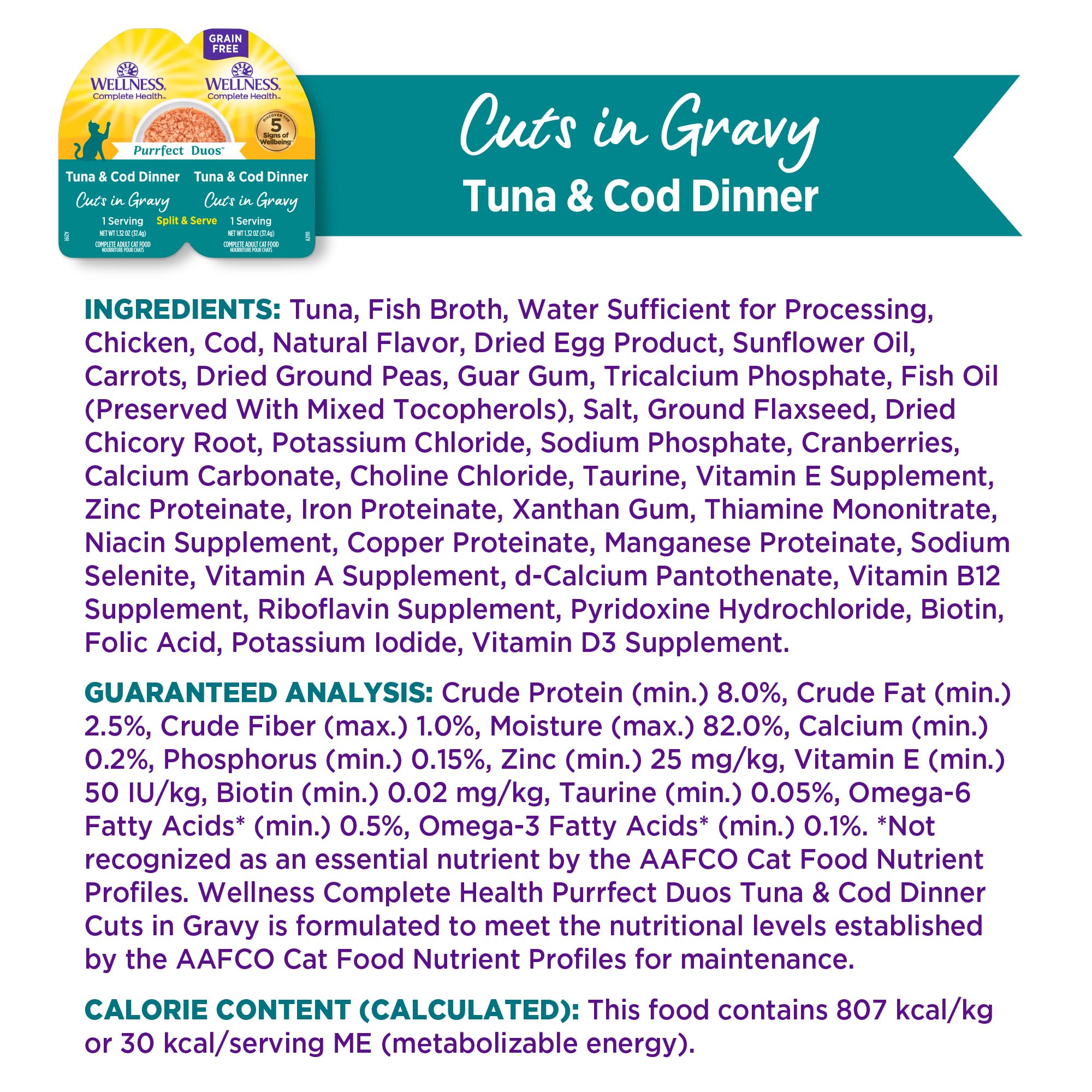 Wellness Complete Health Purrfect Duos, Cuts in Gravy, Adult Wet Cat Food, Natural, Protein-Rich, Grain-Free, 2.64 Ounce, 12 Pack, (Tuna & Cod Dinner Recipe)