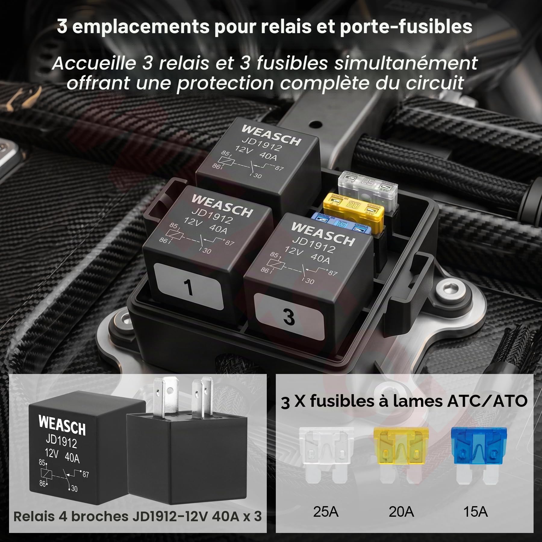 Kit de relais de fusible pré-câblé étanche IP65 12 V 3 voies