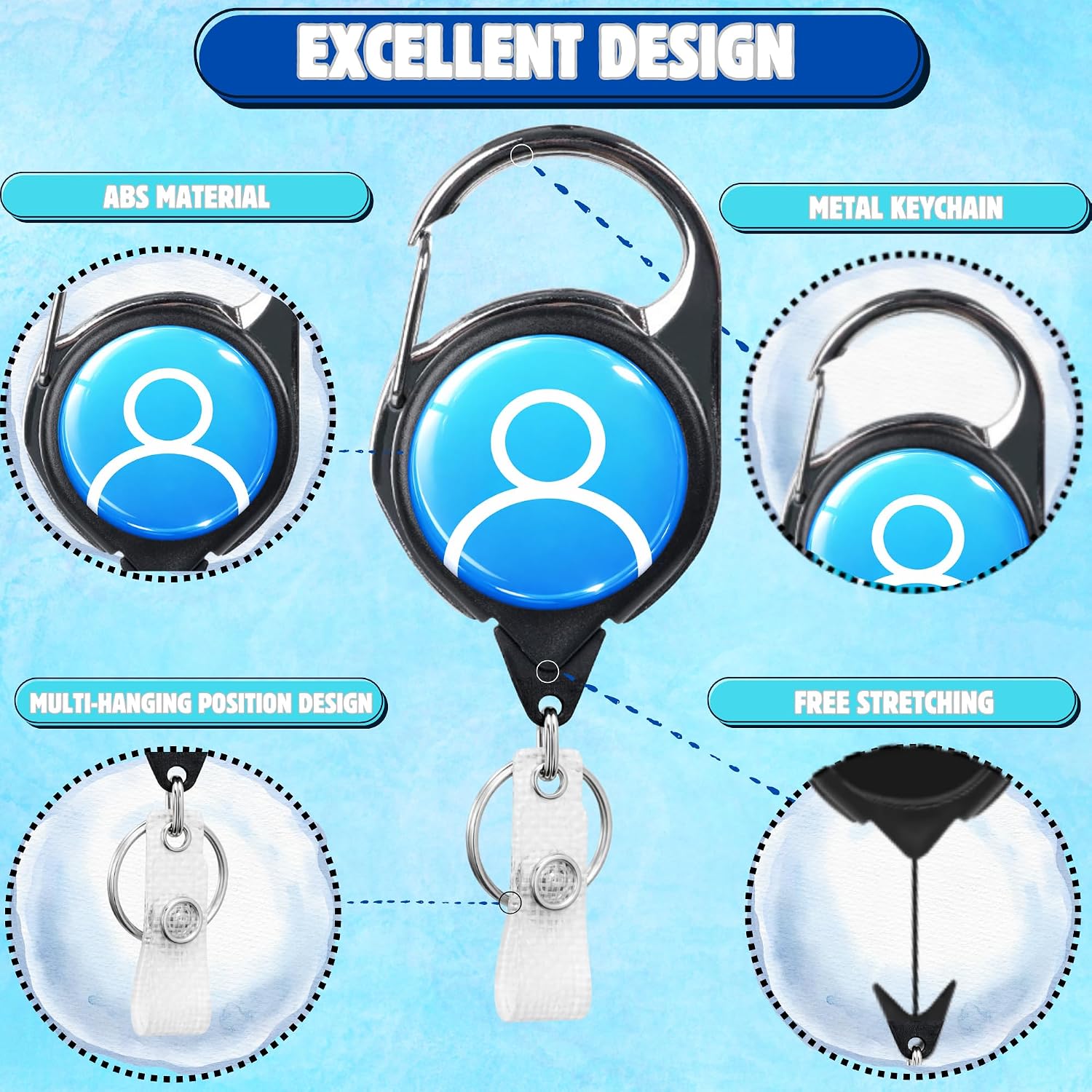 Badge Reel Retractable, Badge Holder Retractable Clip, ID Badge Holder with Carabiner, Heavy Duty Badge Reel with Key Ring, Badge Holder for Work, Office, Nurses image 5
