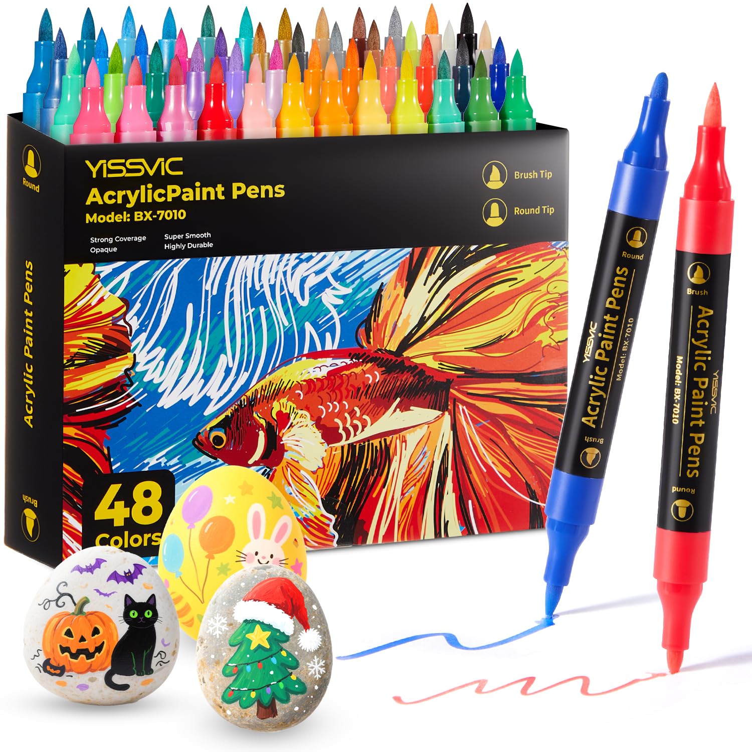 YISSVIC Rotuladores Acrilicos 48 Colores Rotuladores Lettering de Doble Punta (Fina y Pincel) para Piedras, Papel, Cristal, Madera, Huevo,Tela, Cerámica Para Niños, Adultos, Estudiantes