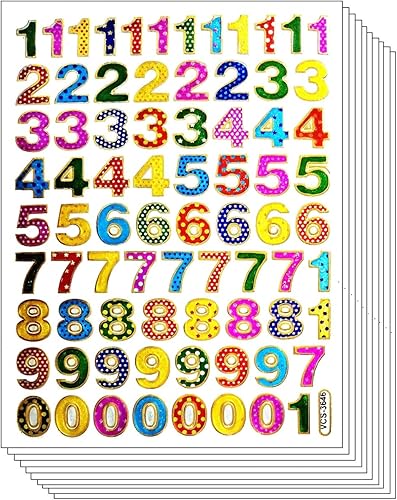 Paquete de calcomanías con purpurina, 10 hojas de letras coloridas del 0 al 9, calcomanías de dibujos animados para niños y profesores, etiqueta