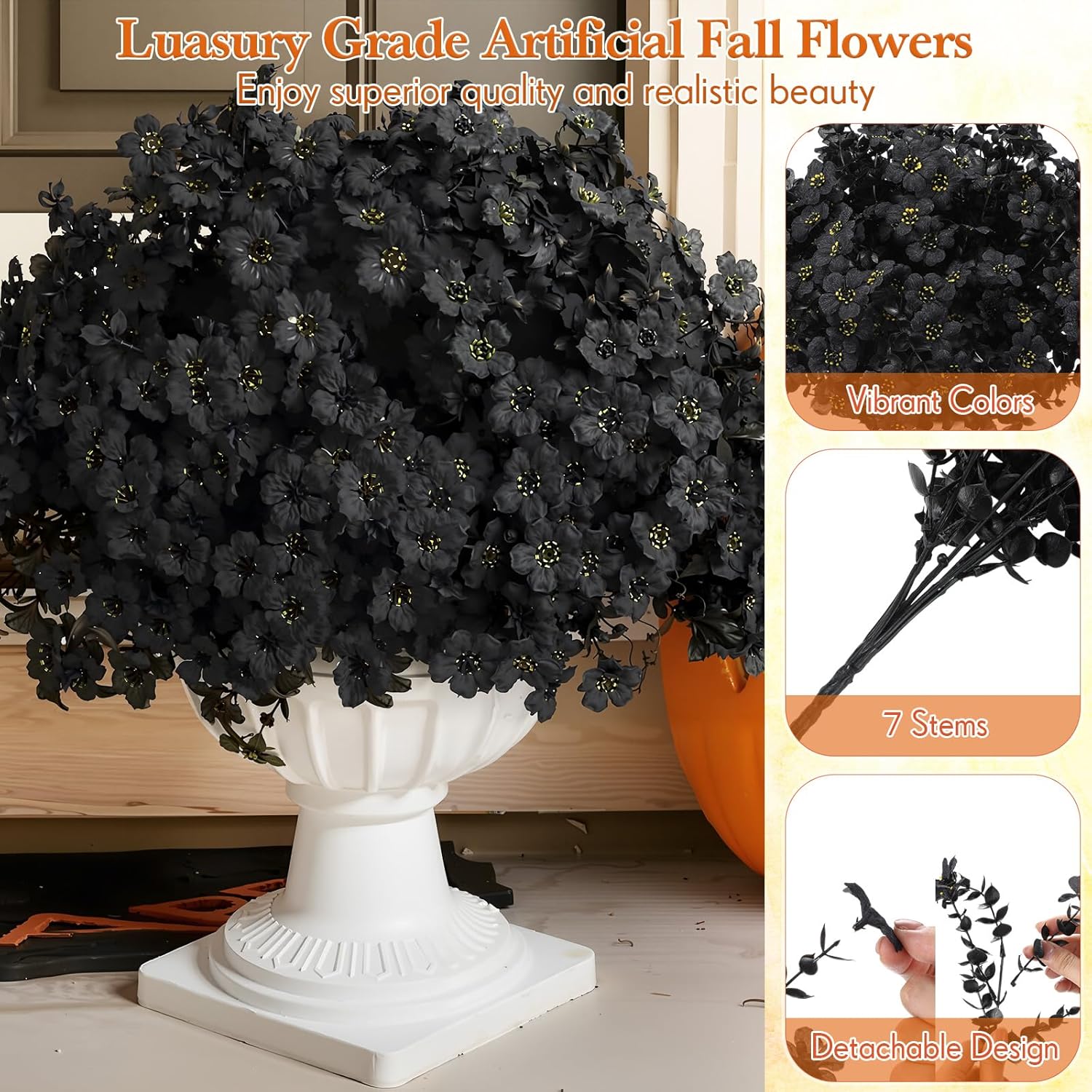 Giegxin 24 Bundles Halloween Artificial Flowers Outdoor Black Eucalyptus UV Resistant Outdoors Fake Plants Faux Plastic Flower for Hanging Planters Outside Porch Vase Home Window