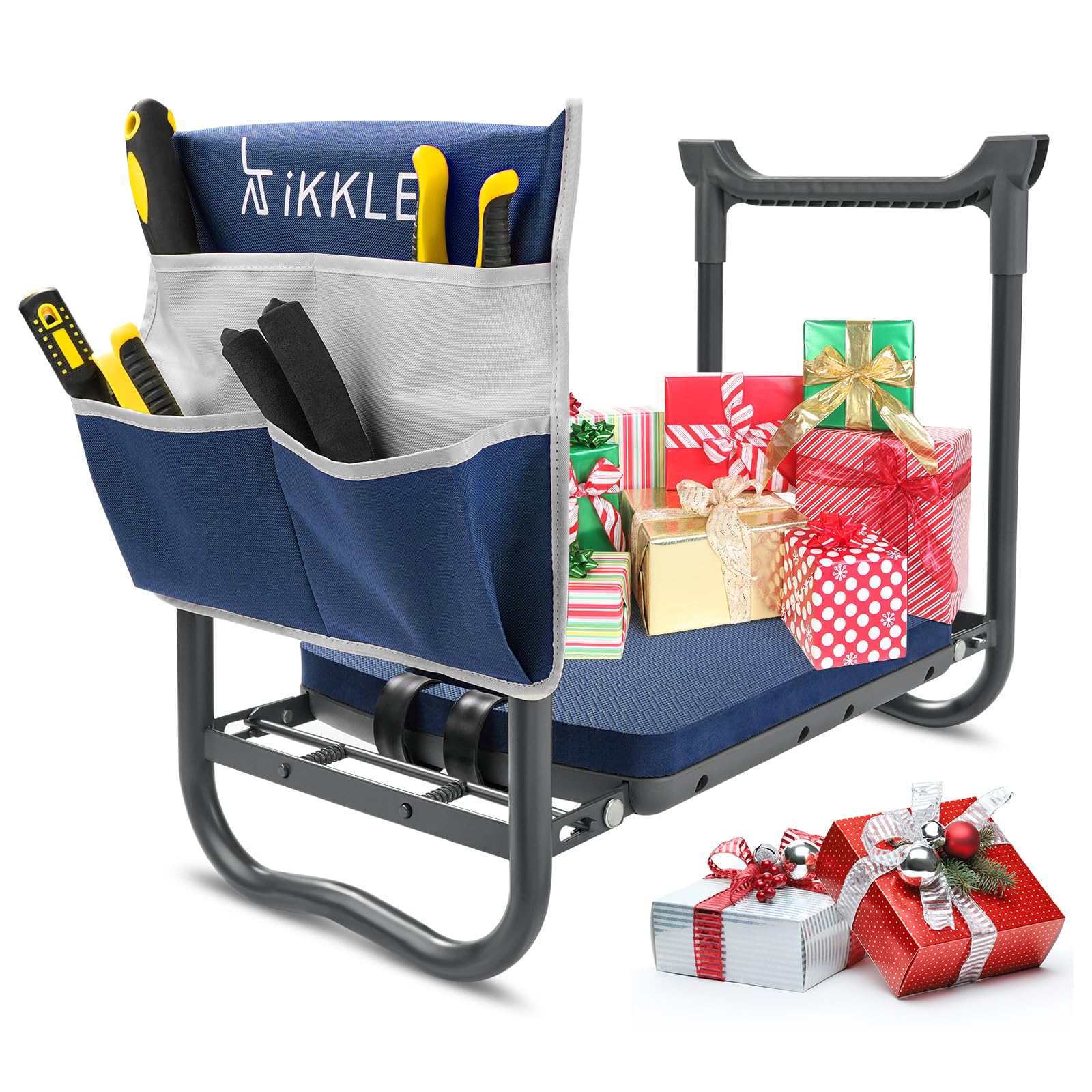 ikkle Garden Kneeler and Seat Gardening Stool Kneeler Folding Gardening Bench with Thicker Detachable Kneeling Pad and Tool Store Pouches (Blue)