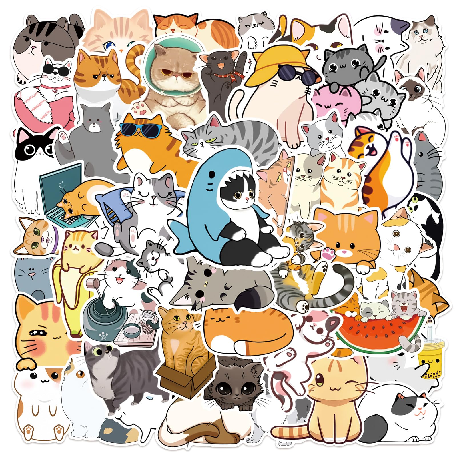 Kaensc Cute Cat 50Pcs Stickers For Teen Kids Adults,Kawaii Cartoon Animal Waterproof Sticker For Water Bottles Laptops Phone Luggage Guitar Bike Skateboard Motorcycle Scrapbook Computer Refrigerator