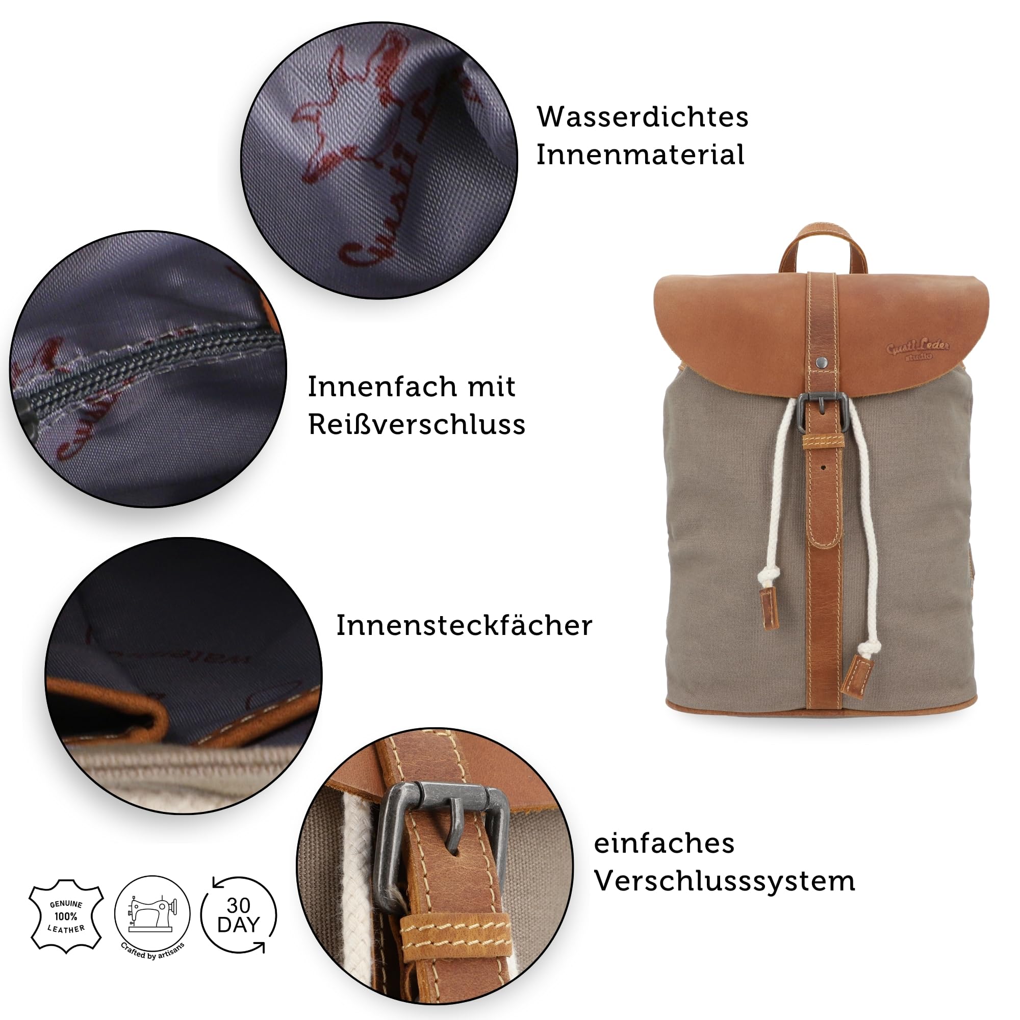 Gusti Rucksack Leder - Paula M Damen groß Cityrucksack Collegerucksack Unirucksack Daypack Schultasche Laptoptasche Laptoprucksack Lederrucksack Grau Canvas & Leder