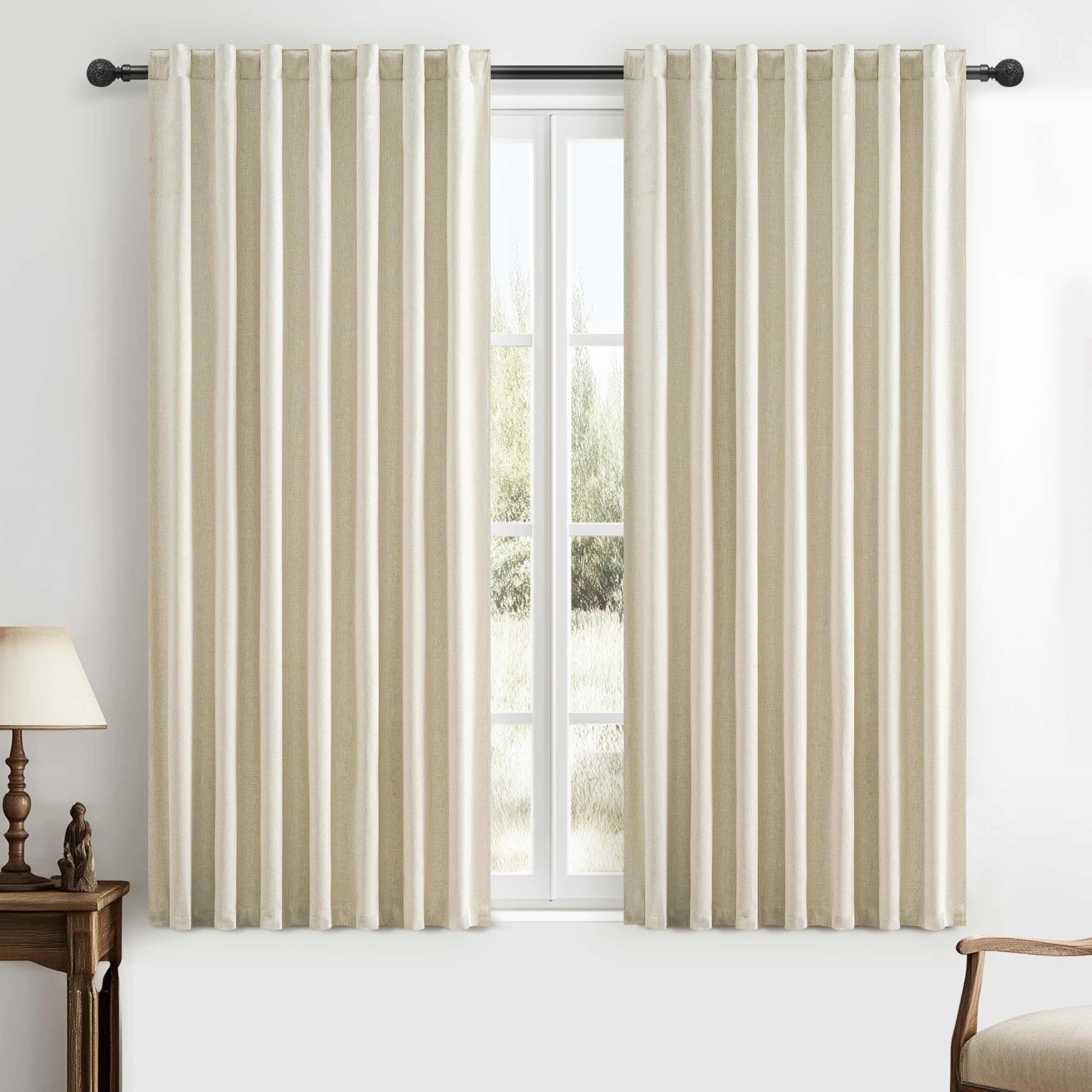 Warm Cream Short Length Blackout Curtains for Bedroom 63 Inch Length Pretty Custom Drapes Thermal Kitchen Traverse Curtains with Hooks for Track/Back Tab Basement Window Gray(50W x 63L 2Panels) โ image 1