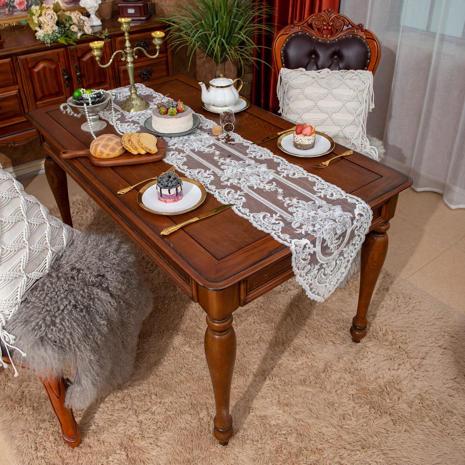Amazon.com: SUTAVIA Floral Lace Table Runner White Embroidery Dresser Scarf  Gauze Fabric Rustic Table Runners Elegant Chic Table Decor Piano Cover for  Home Holiday Wedding Party Daily (White Rose, 13"x84") : Home