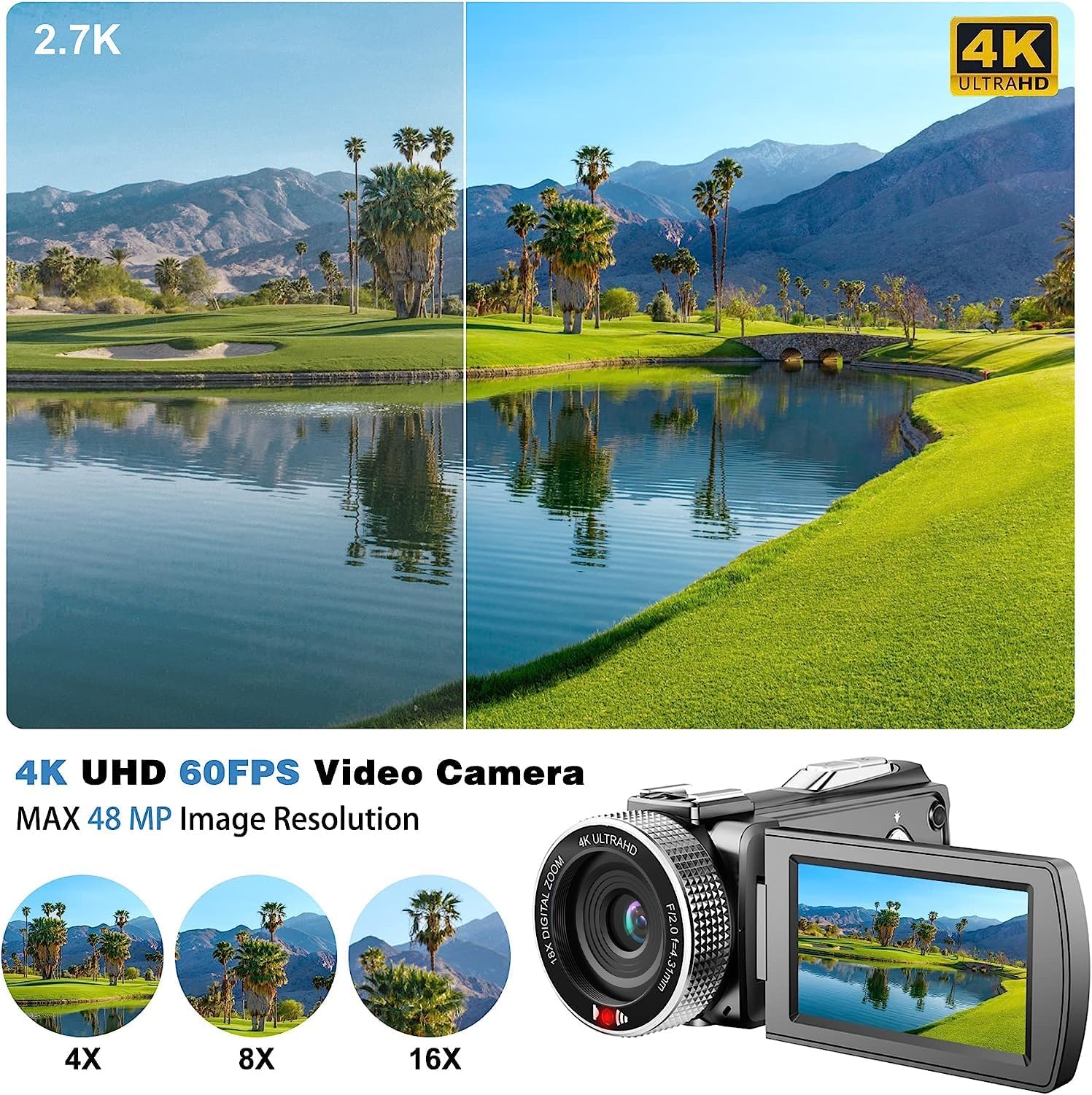 Videocamera 4K, videocamera 48 MP 30 FPS per YouTube, registratore video vlogging FHD1080P con telecomando, zoom digitale 18X, videocamera con schermo IPS ruotabile a 270° e 2 batterie