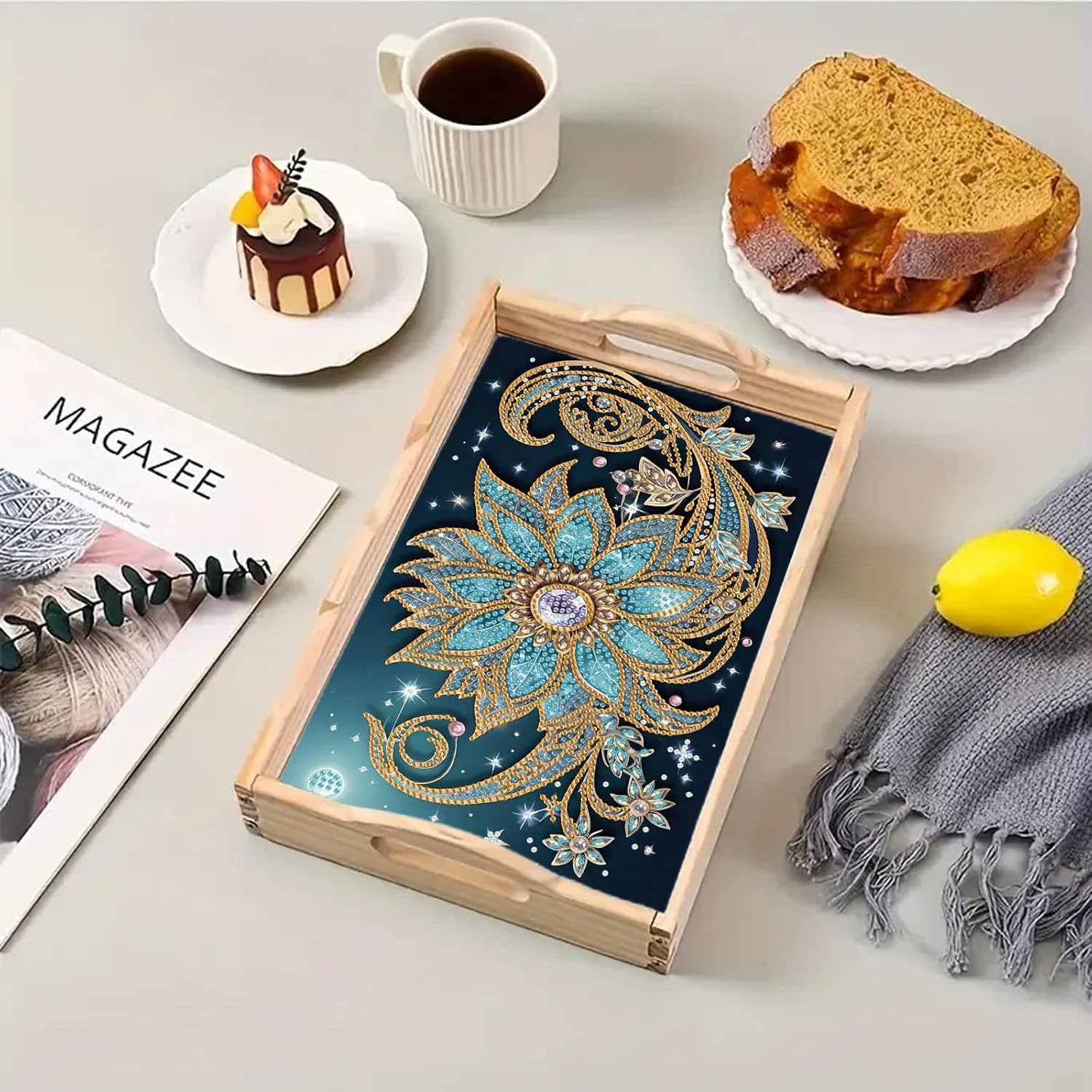 5D Diamond Art Painting Wooden Tray with Lids and Handles, Creative Diamond Art Serving Trays, Diamond Art Kits for Adults, Diamond Art Painting Trays for Bar, Breakfast-15-Mandala