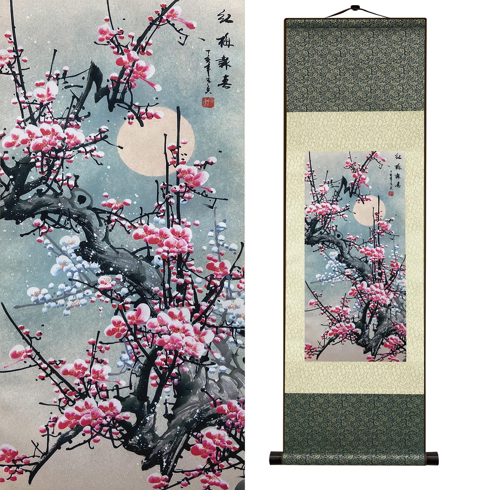 Newscz Bedroom Wall Art Silk Scroll Flowers Plum Blossom Wall Painting Red Plums Announce Spring Wall Tapestry Asian Art House Decoration for Home Living Room Lounge Decor 36 by 12 in(HJ-M001)