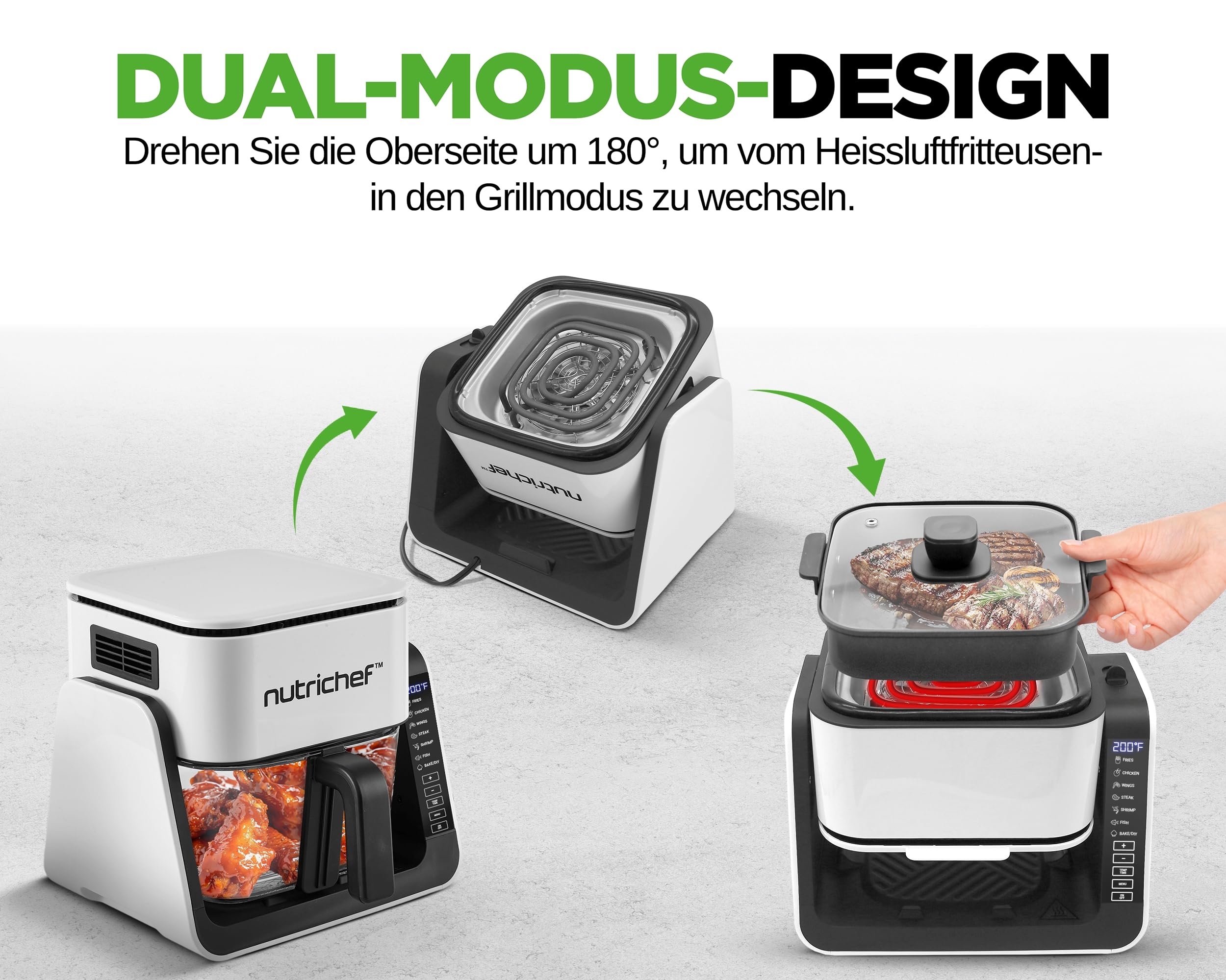 NutriChef Heißluftfritteuse 4L mit Grillfunktion 1500W Weiß – Airfryer ohne Öl mit Sichtfenster, 7 Programme, Glasbehälter für Familien