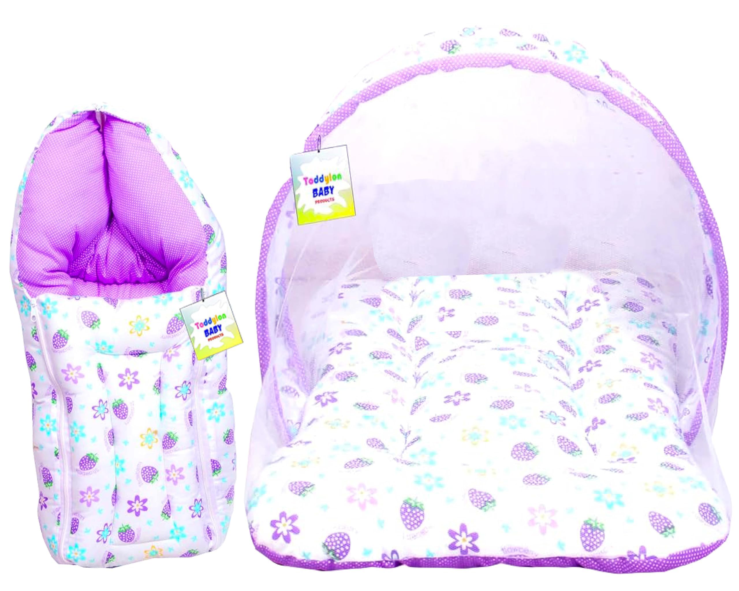 Toddylon Baby Bedding Set New Born Baby Bed|Mattress|Mosquito Net|Carry Bag|Essentials|Carry Bag|Cotton Combo|Infant Beds|Products (0-6 Months) (2Pcs Set),Purple
