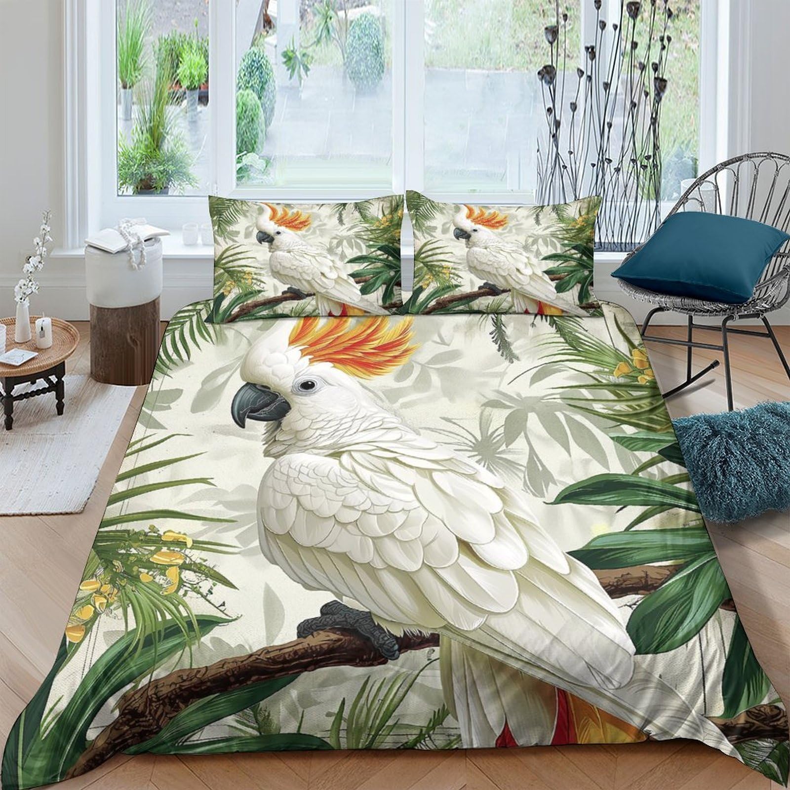 Ctjqhvkz Style-8 3D Printed White Cockatoo Fitted Sheet Microfiber Soft Tropical Jungle Bed Cover For Bedroom Guest Room Mattress Decor Single（135X200cm）